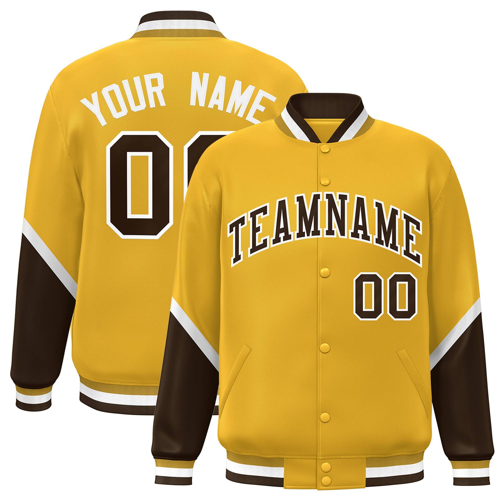 Custom Gold Brown-White Varsity Full-Snap Color Block Letterman Jacket