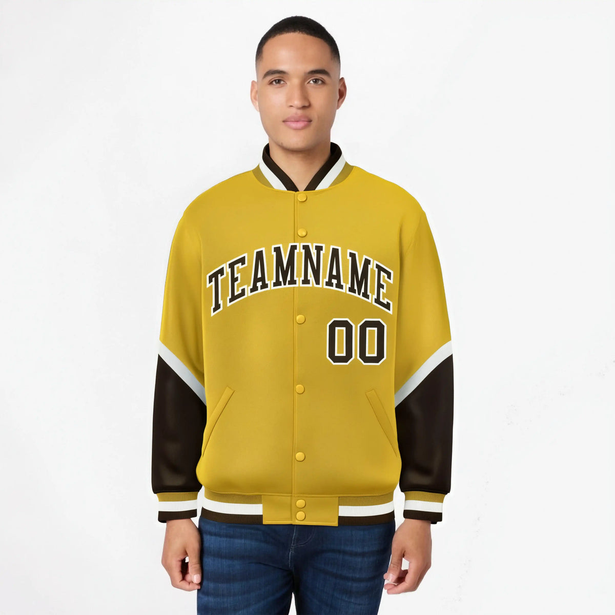 Custom Gold Brown-White Varsity Full-Snap Color Block Letterman Jacket