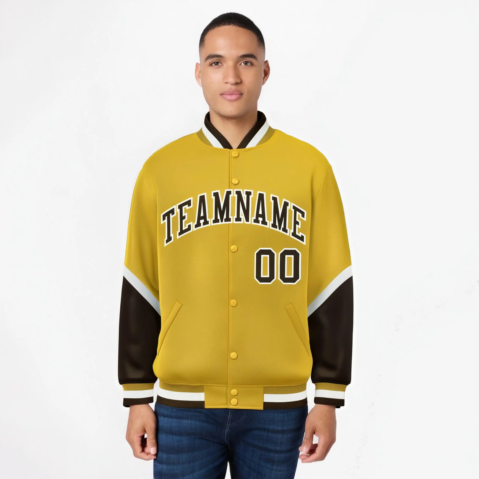 Custom Gold Brown-White Varsity Full-Snap Color Block Letterman Jacket