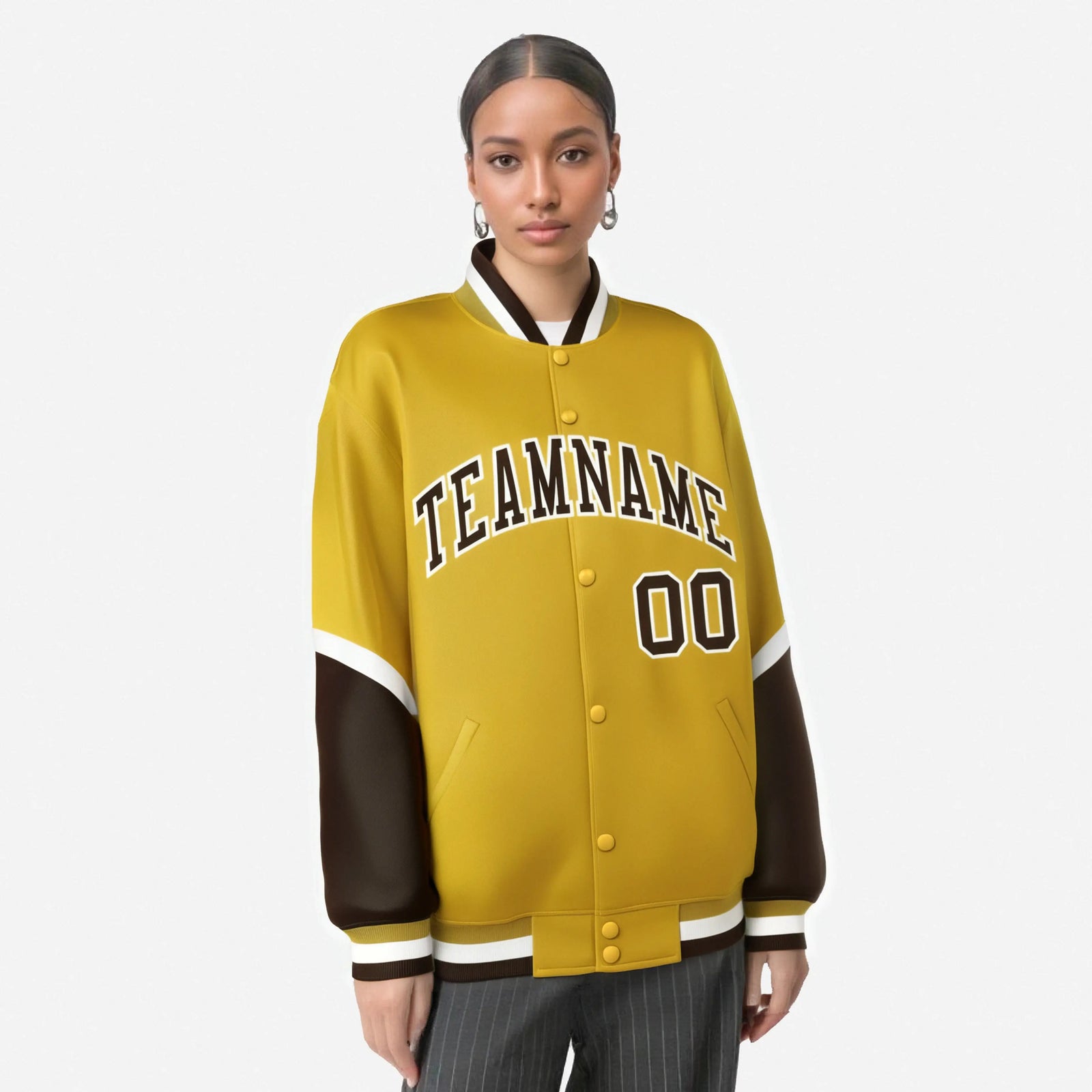 Custom Gold Brown-White Varsity Full-Snap Color Block Letterman Jacket