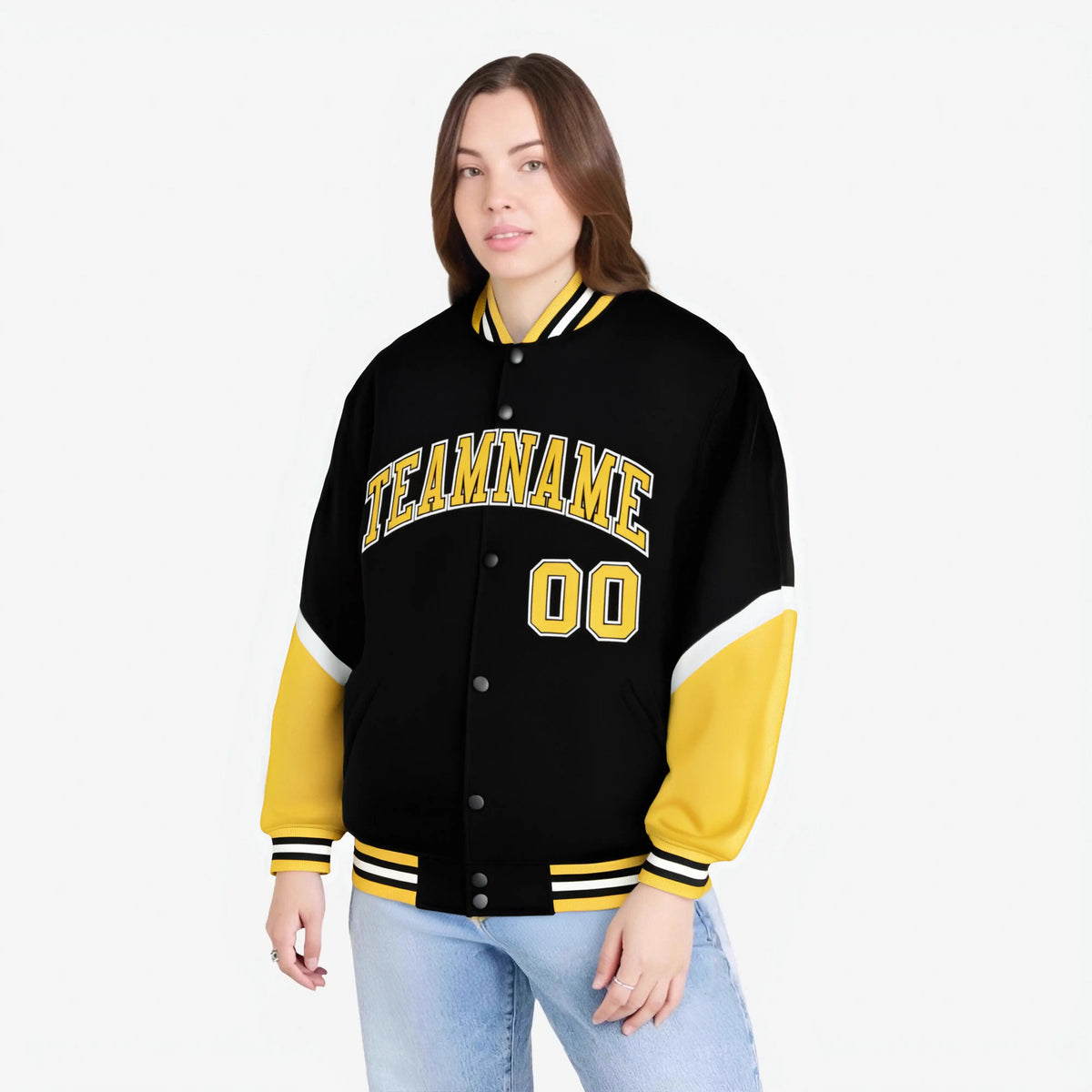 Custom Black Gold-White Varsity Full-Snap Color Block Letterman Jacket