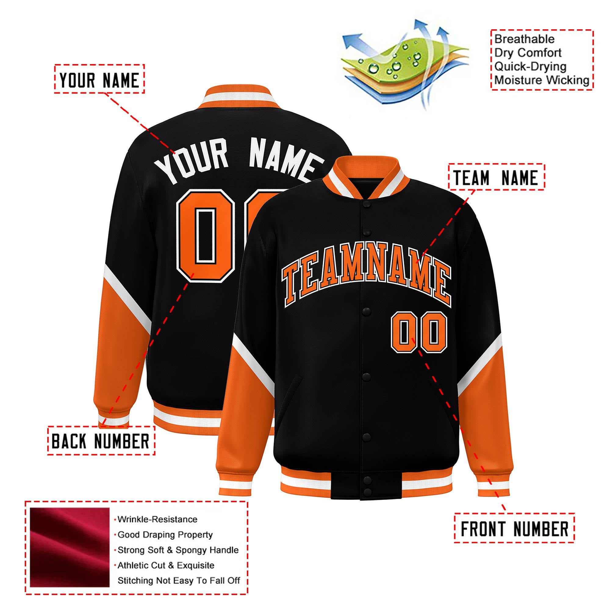 Custom Black Orange-White Varsity Full-Snap Color Block Letterman Jacket