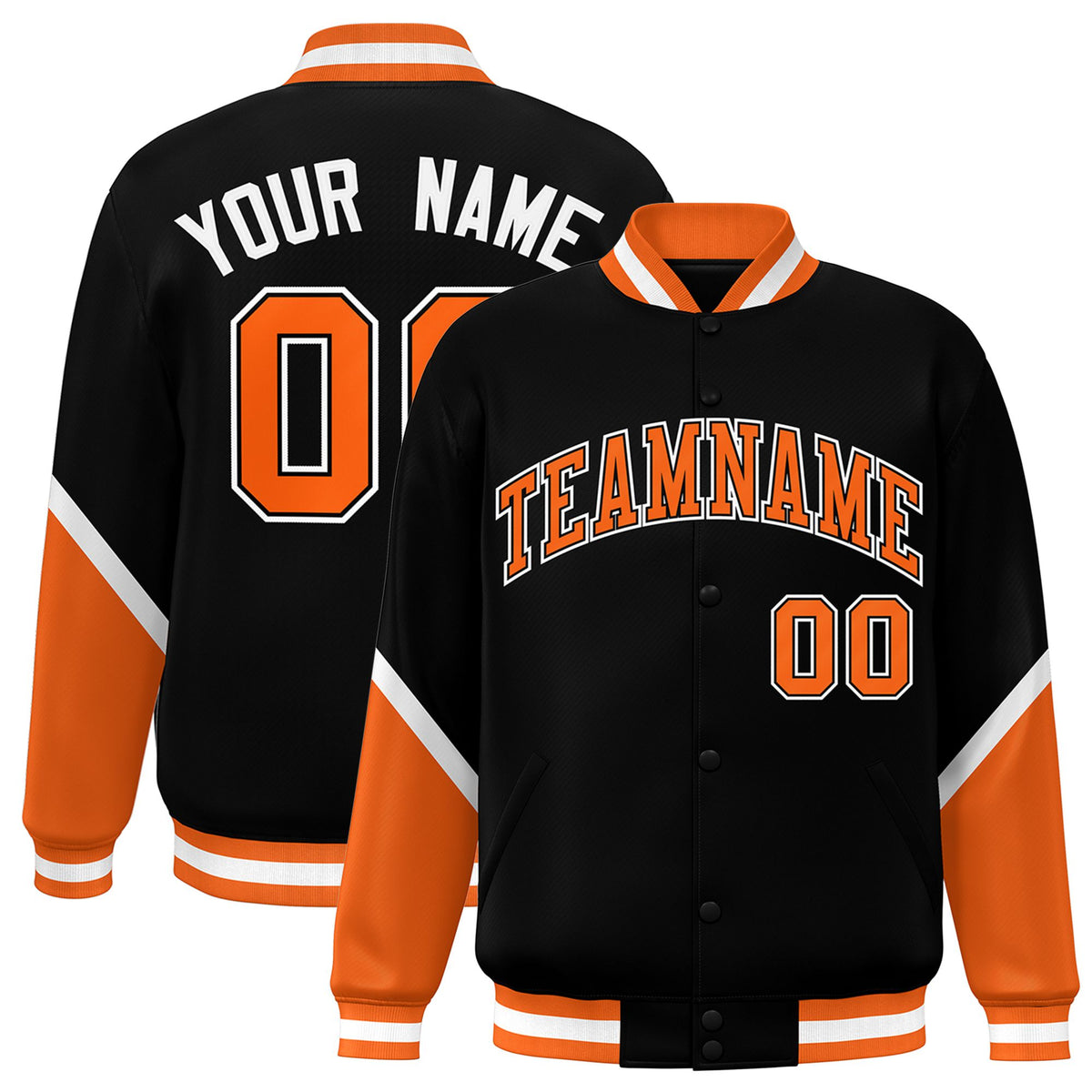 Custom Black Orange-White Varsity Full-Snap Color Block Letterman Jacket