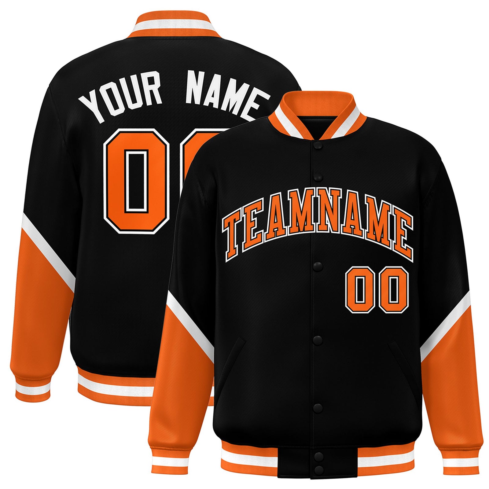 Custom Black Orange-White Varsity Full-Snap Color Block Letterman Jacket