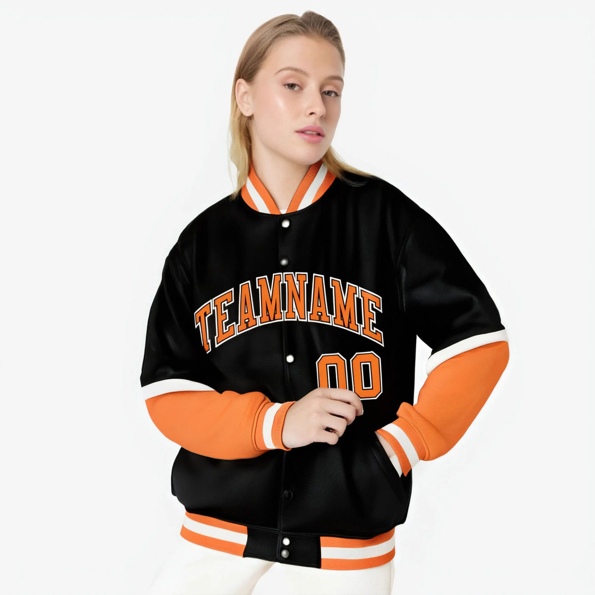 Custom Black Orange-White Varsity Full-Snap Color Block Letterman Jacket