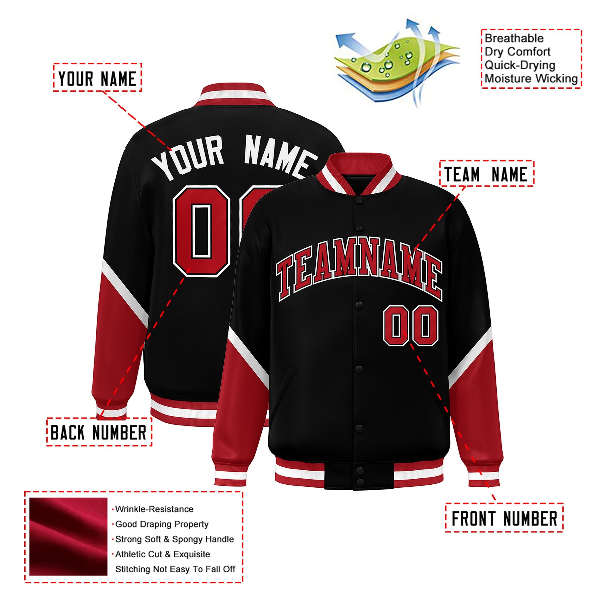 Custom Black Red-White Varsity Full-Snap Color Block Letterman Jacket