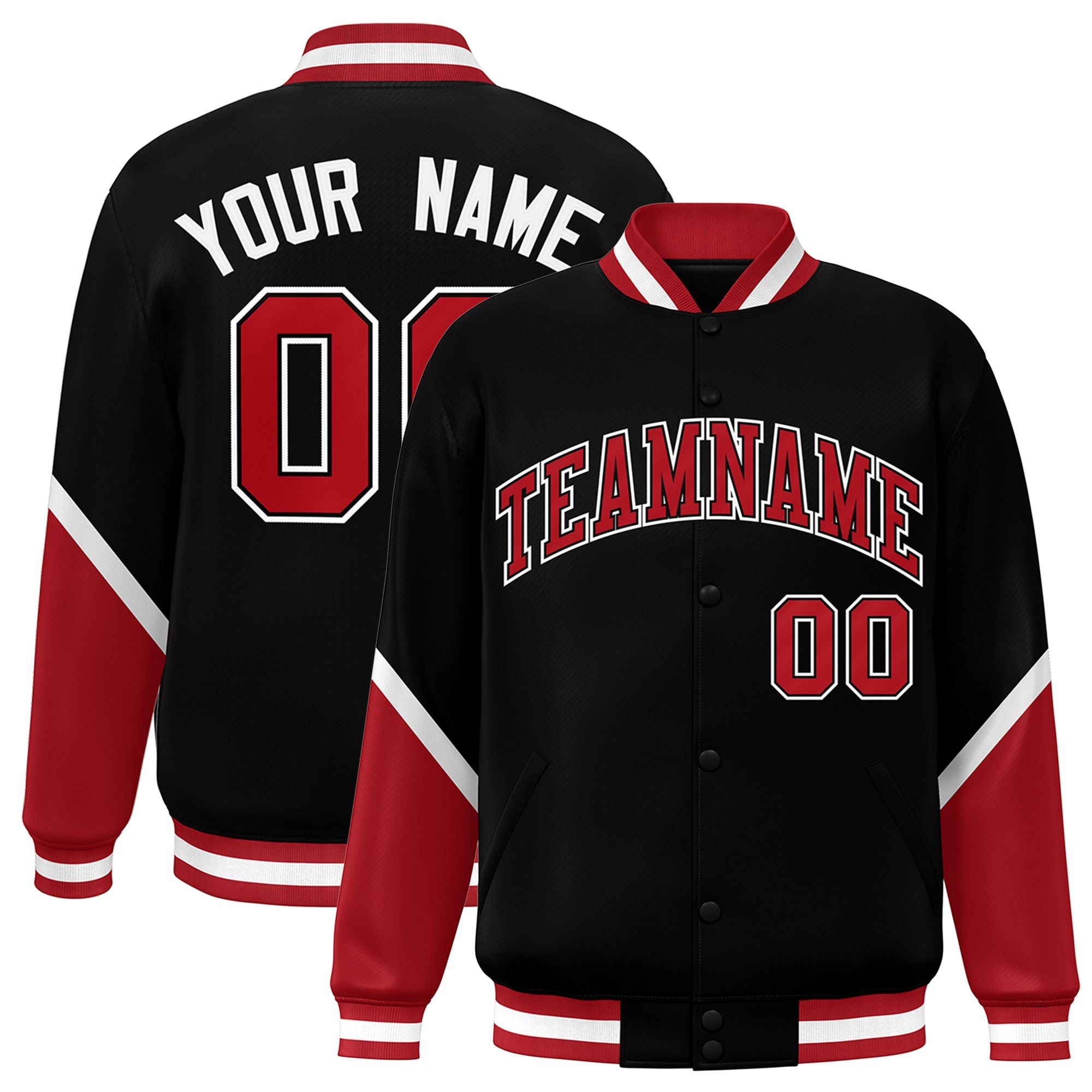 Custom Black Red-White Varsity Full-Snap Color Block Letterman Jacket