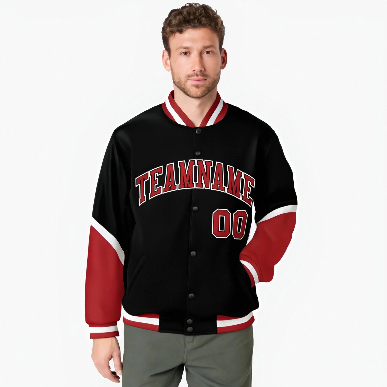 Custom Black Red-White Varsity Full-Snap Color Block Letterman Jacket