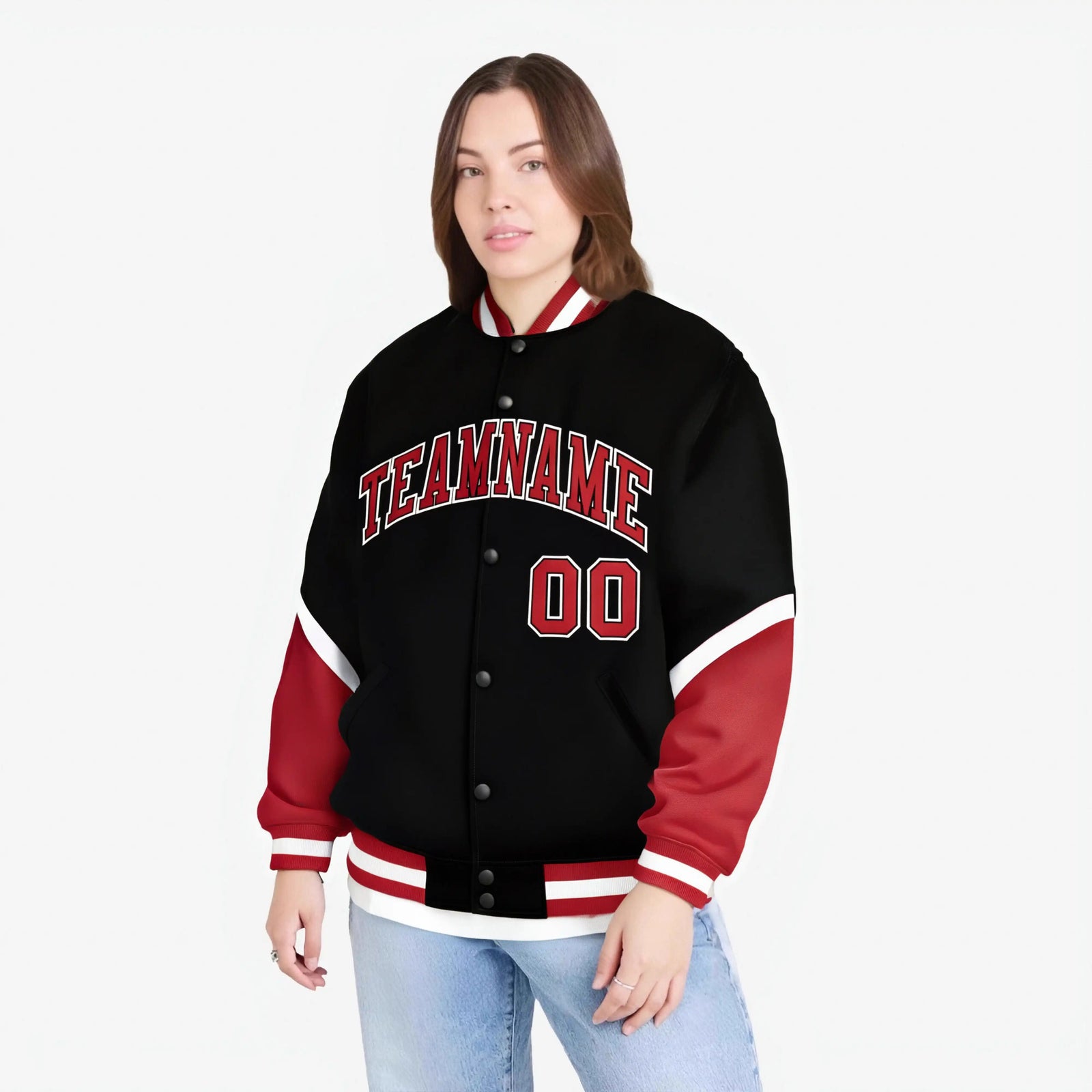Custom Black Red-White Varsity Full-Snap Color Block Letterman Jacket
