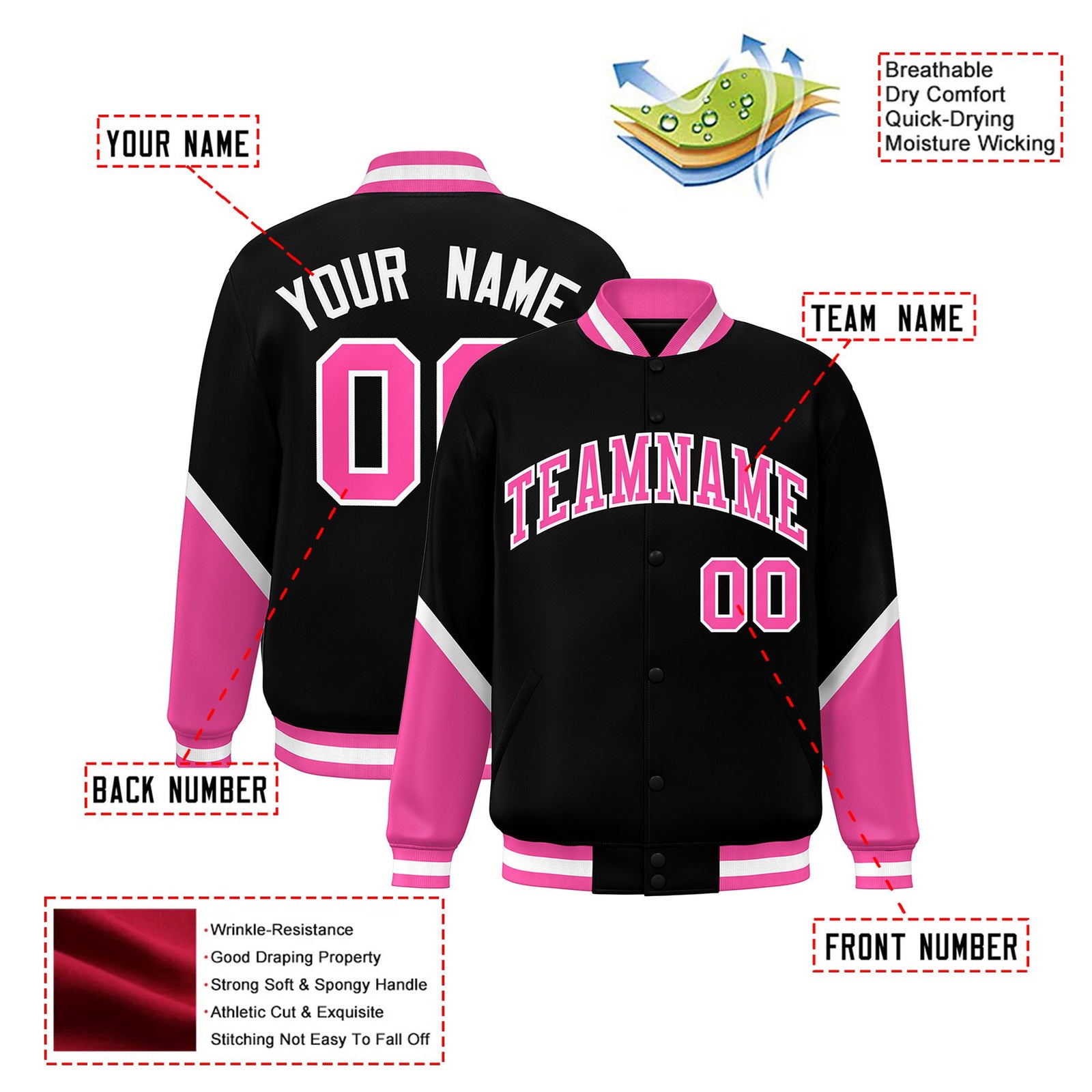 Custom Black Pink-White Varsity Full-Snap Color Block Letterman Jacket