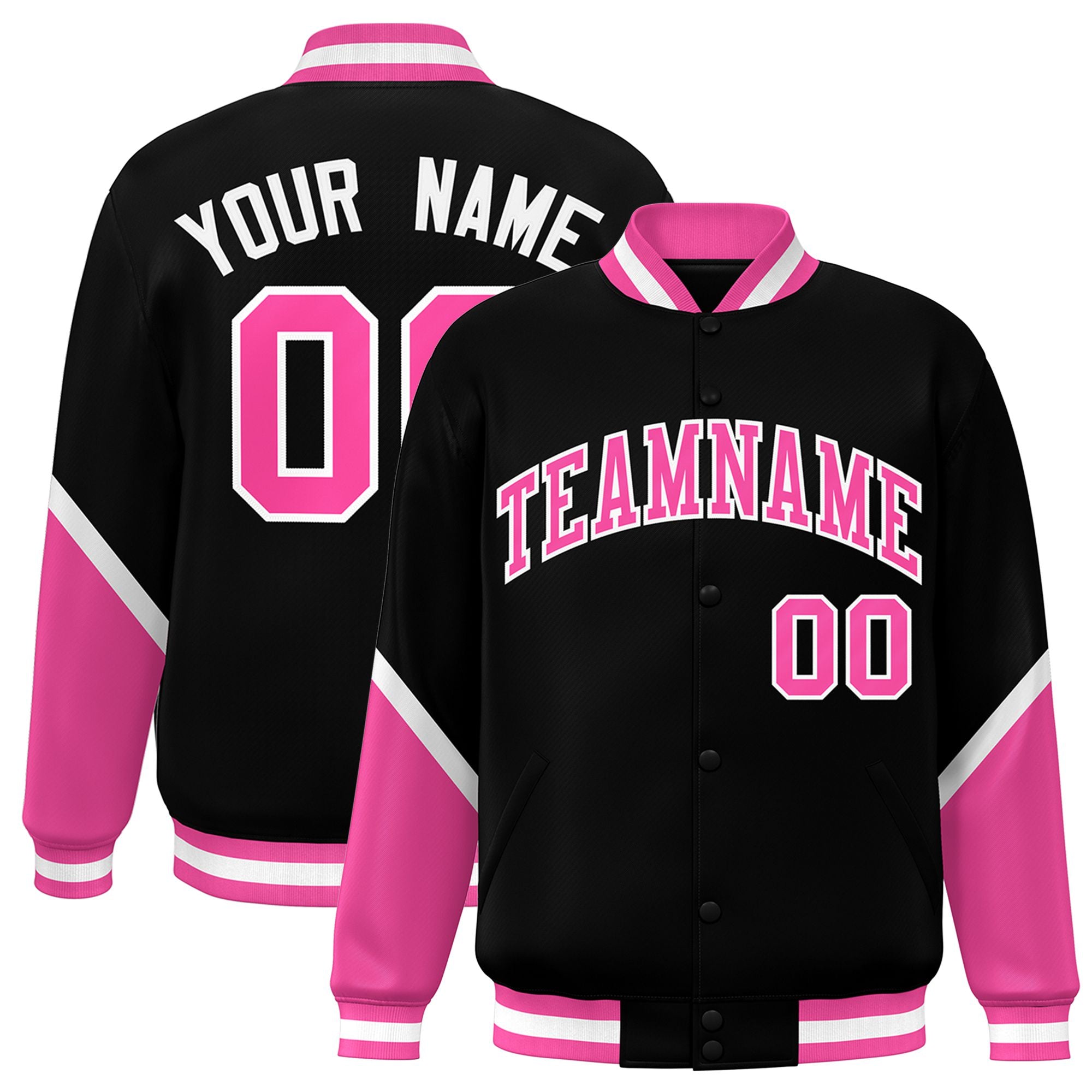 Custom Black Pink-White Varsity Full-Snap Color Block Letterman Jacket