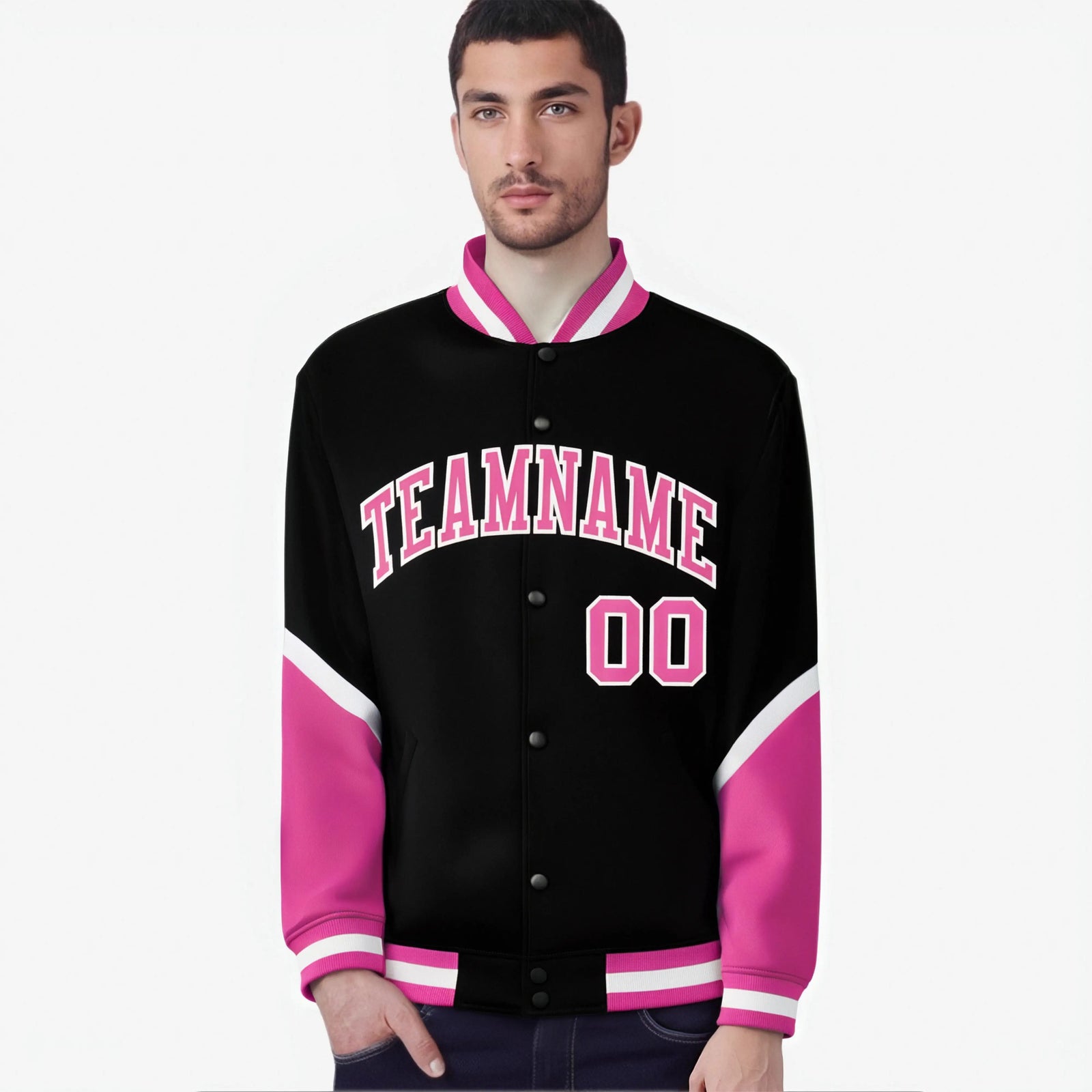 Custom Black Pink-White Varsity Full-Snap Color Block Letterman Jacket