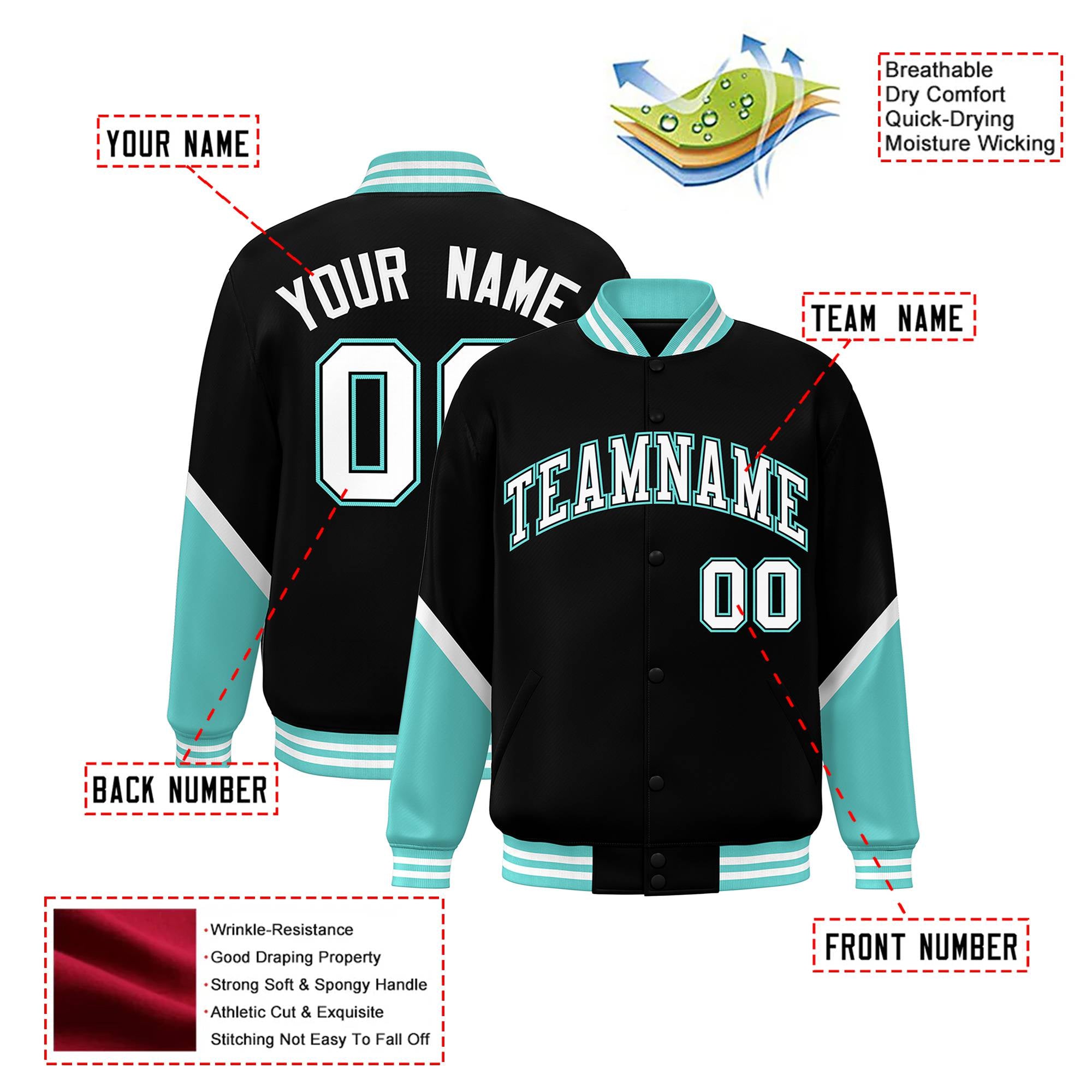 Custom Black Aqua-White Varsity Full-Snap Color Block Letterman Jacket