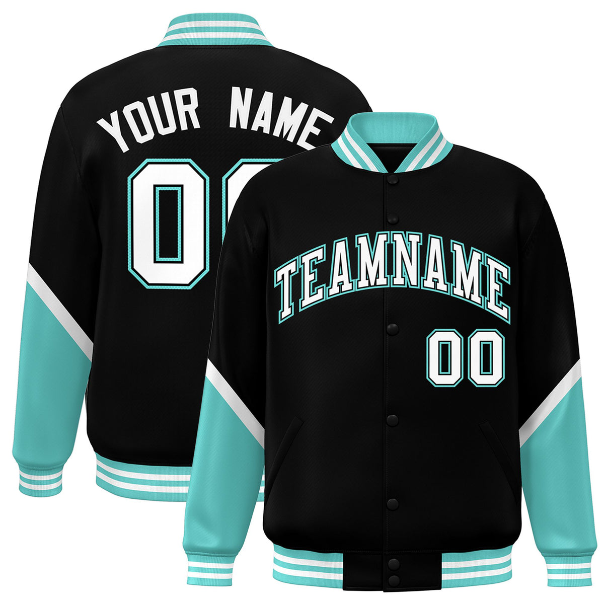 Custom Black Aqua-White Varsity Full-Snap Color Block Letterman Jacket