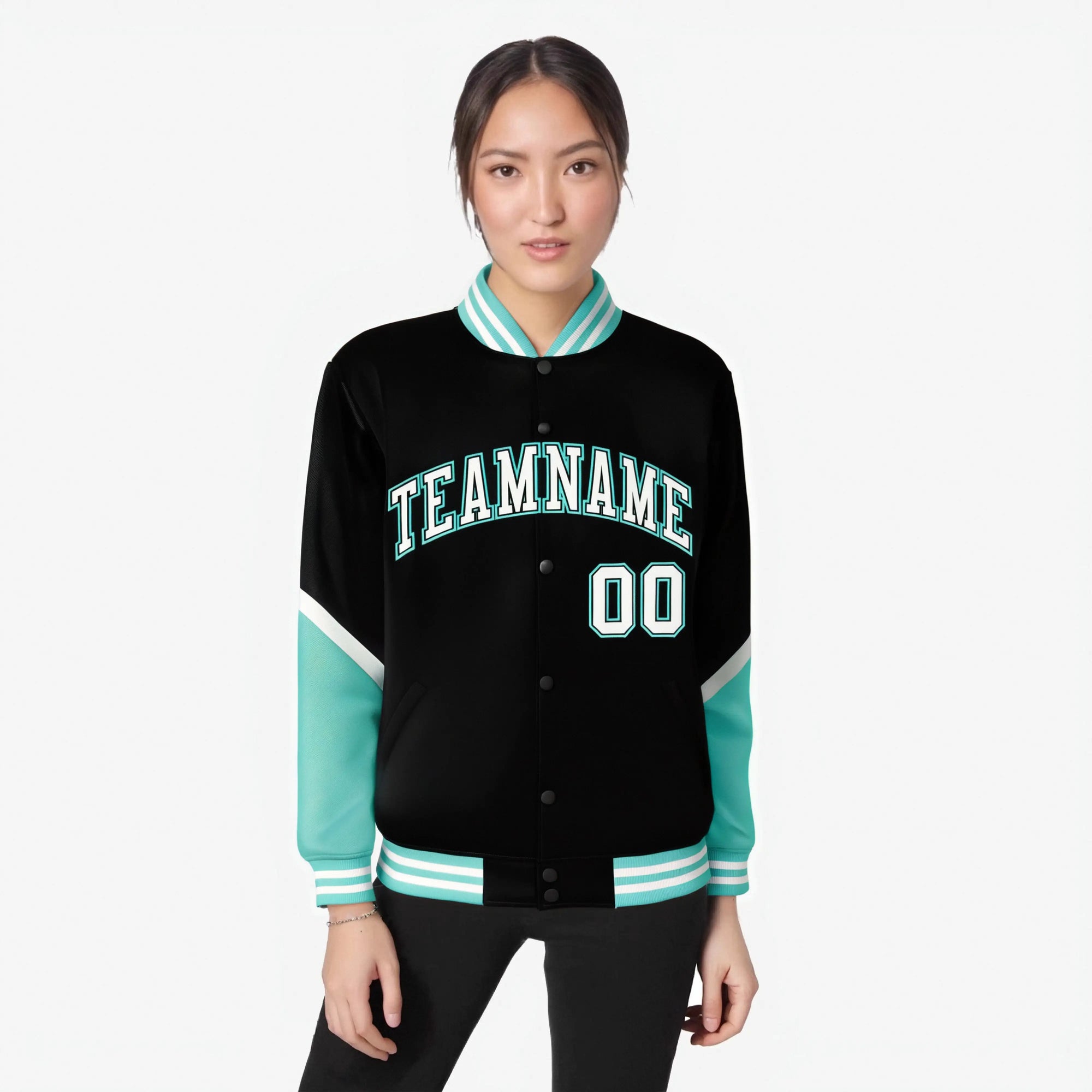 Custom Black Aqua-White Varsity Full-Snap Color Block Letterman Jacket