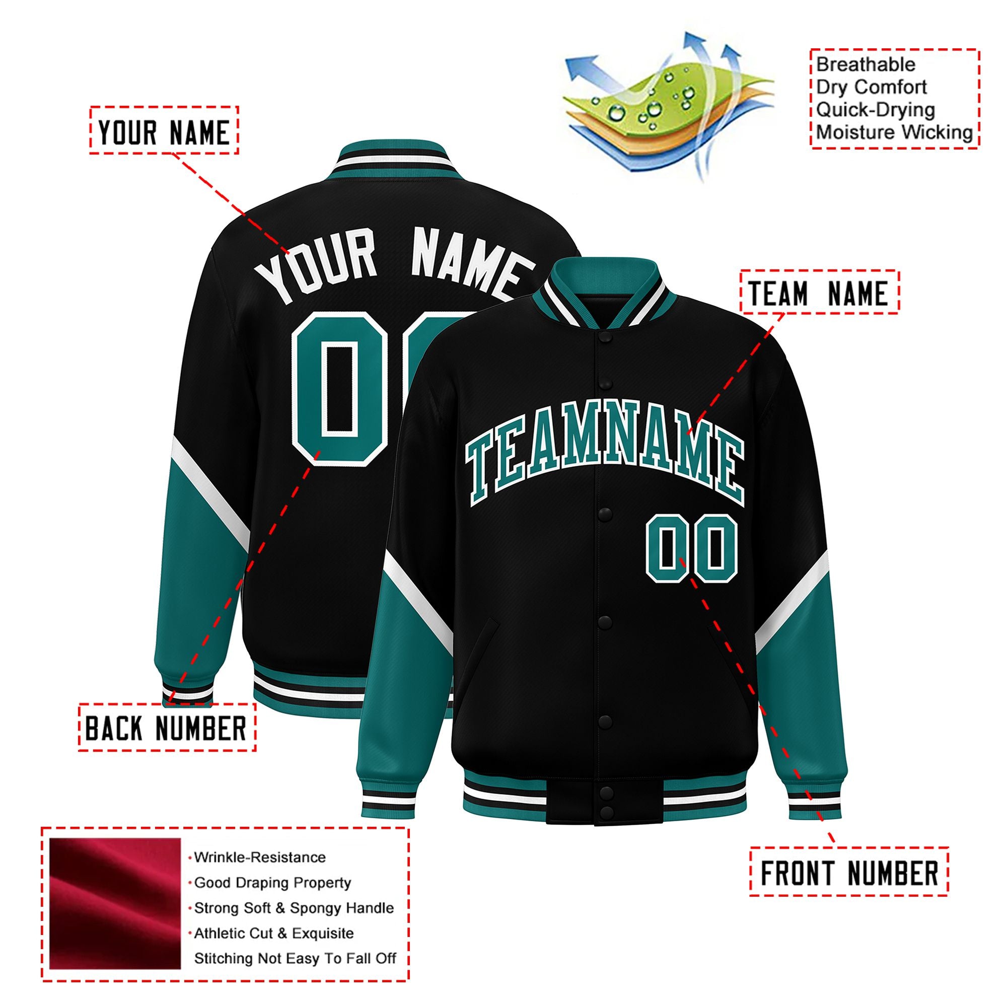 Custom Black Teal-White Varsity Full-Snap Color Block Letterman Jacket