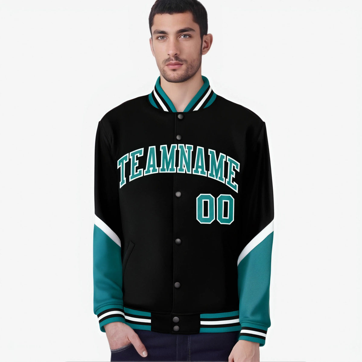 Custom Black Teal-White Varsity Full-Snap Color Block Letterman Jacket