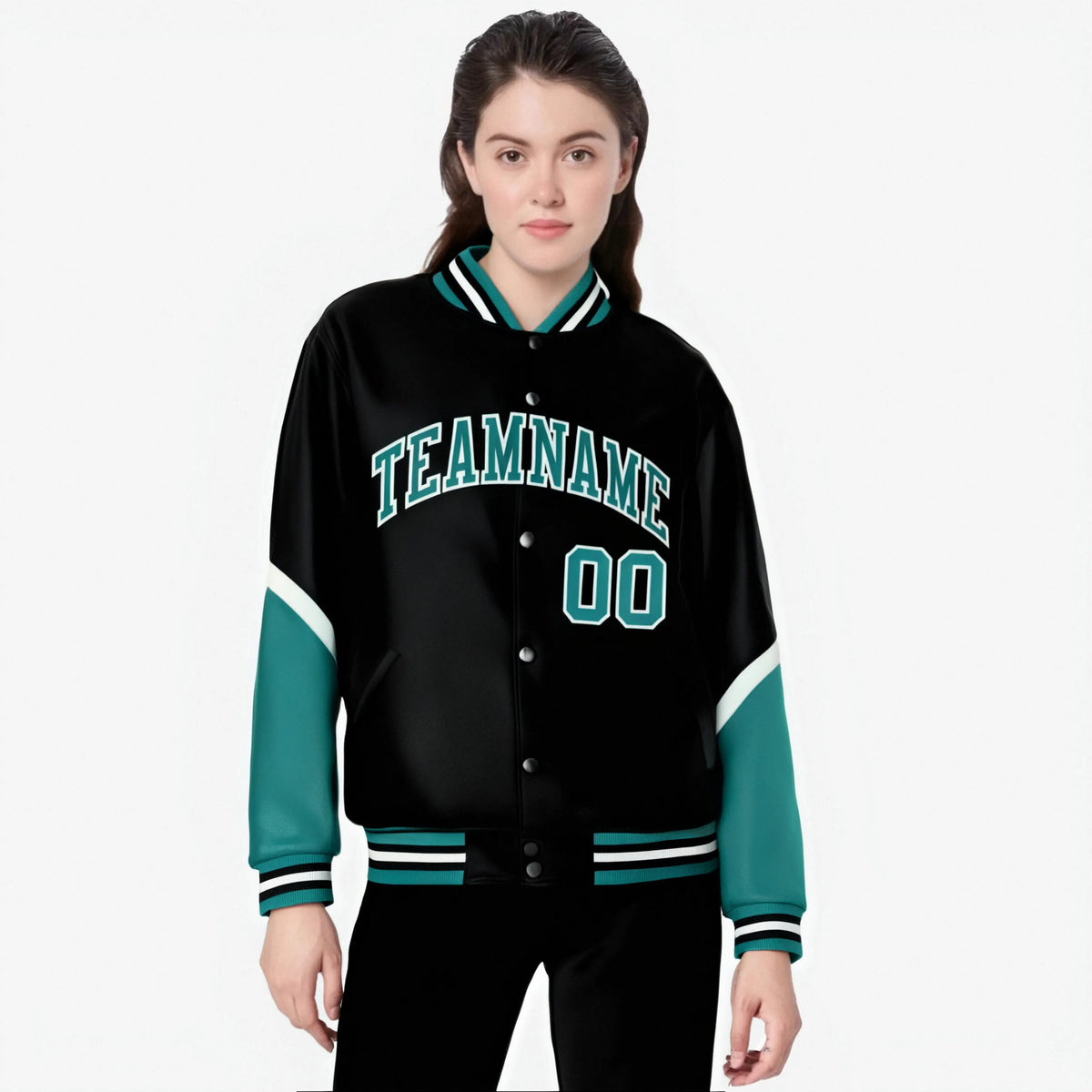 Custom Black Teal-White Varsity Full-Snap Color Block Letterman Jacket