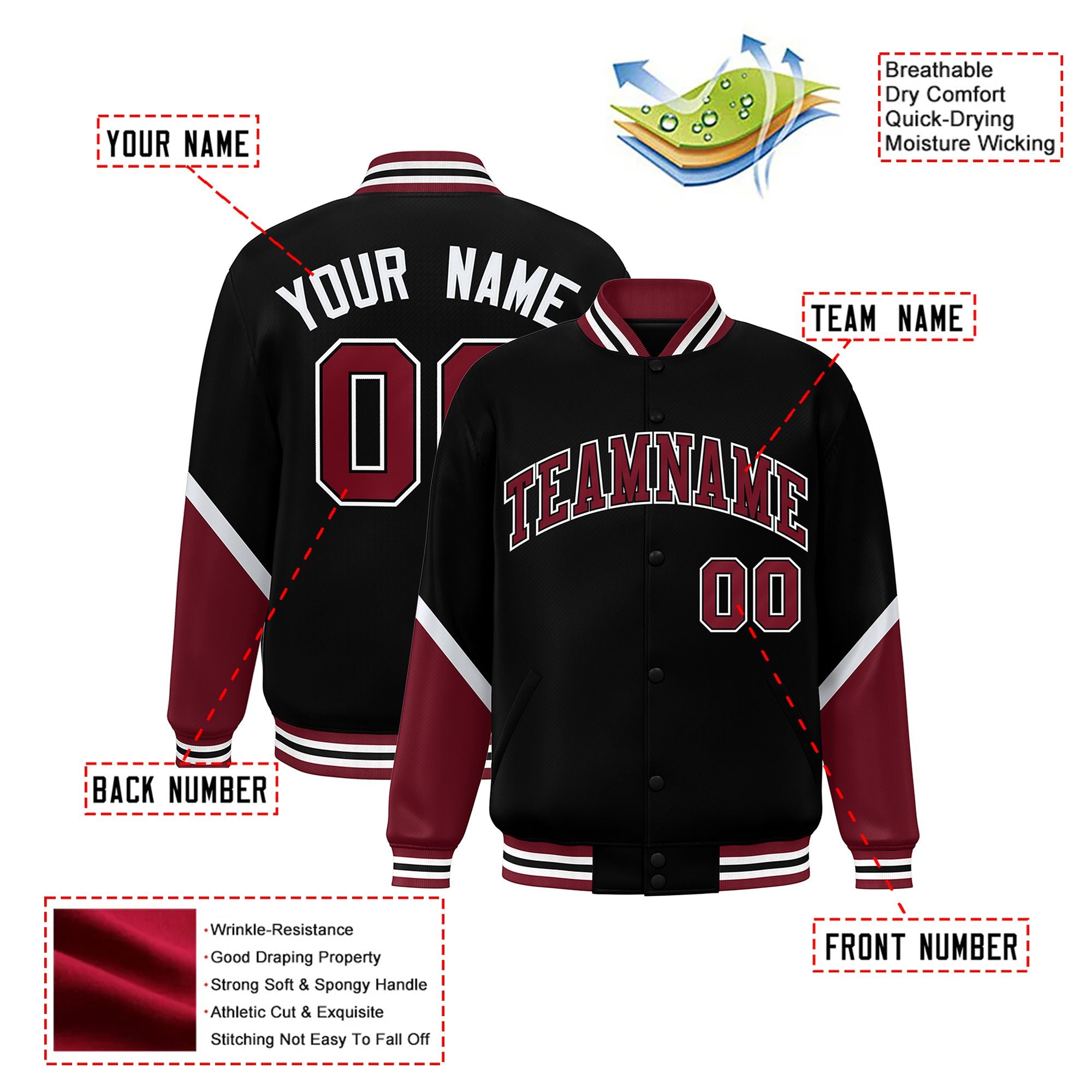 Custom Black Crimson-White Varsity Full-Snap Color Block Letterman Jacket