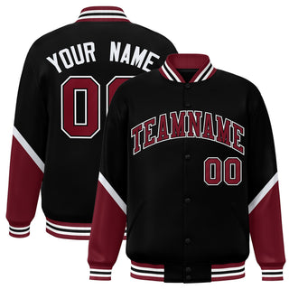 Custom Black Crimson White Varsity Full-Snap Color Block Letterman Jacket