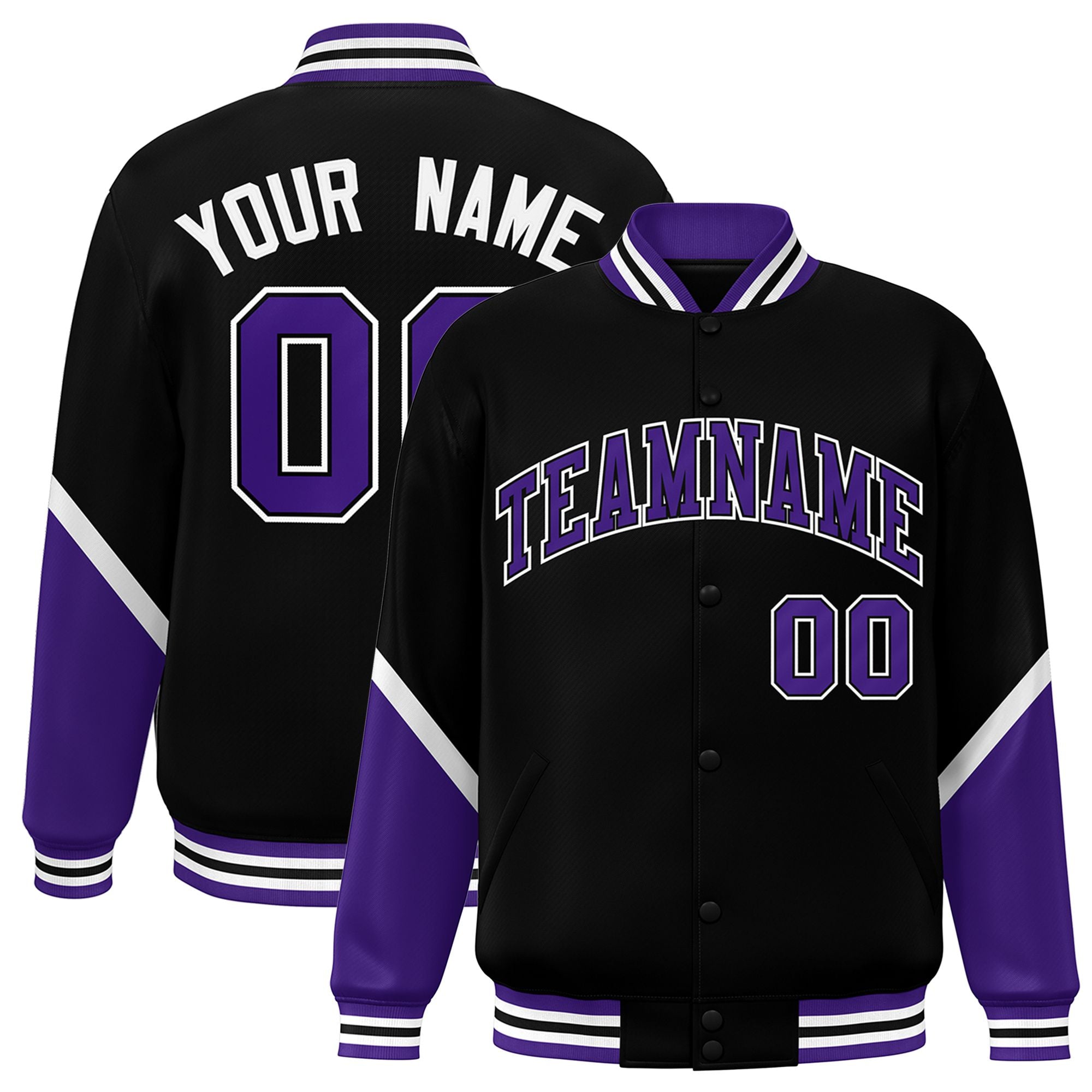 Custom Black Purple-White Varsity Full-Snap Color Block Letterman Jacket