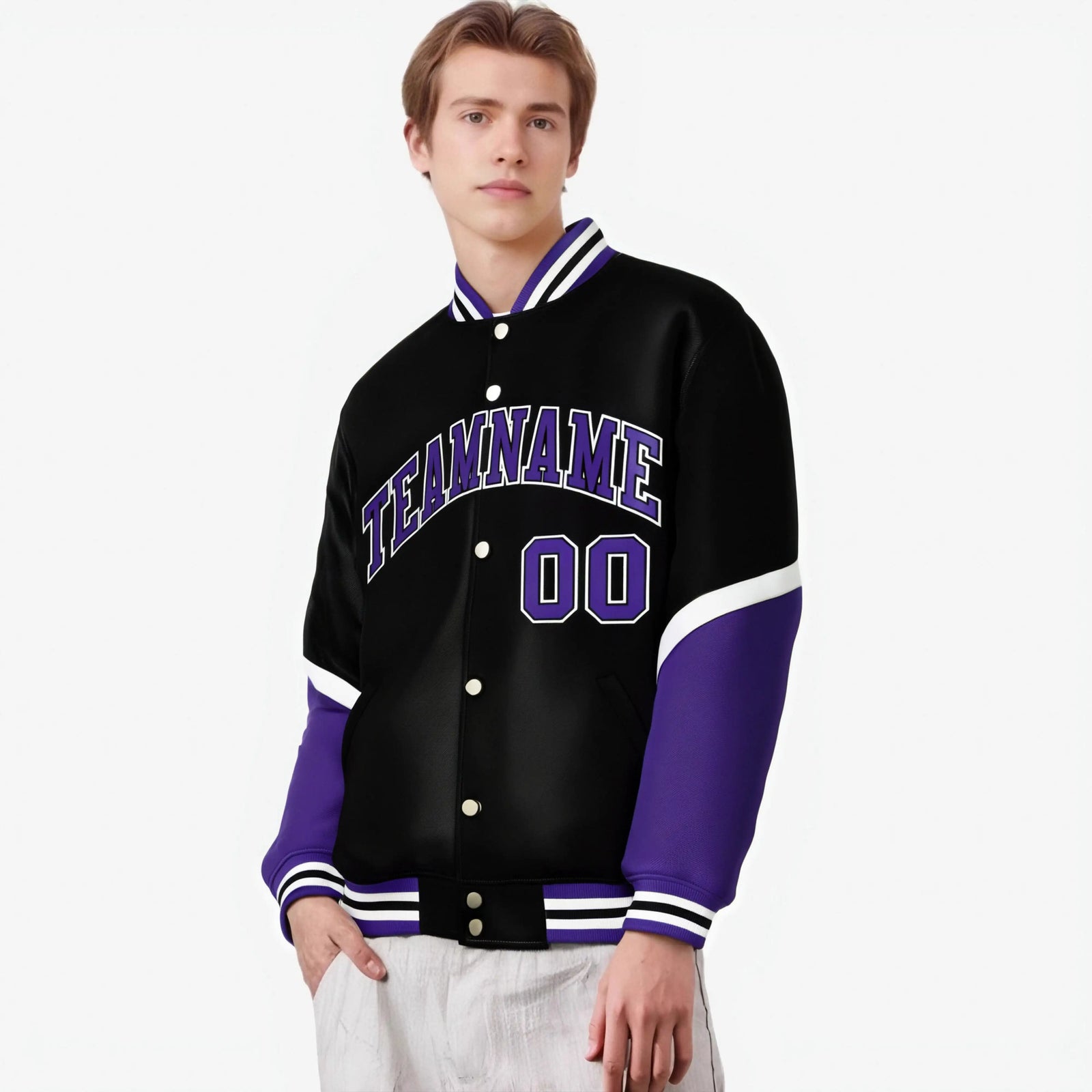 Custom Black Purple-White Varsity Full-Snap Color Block Letterman Jacket