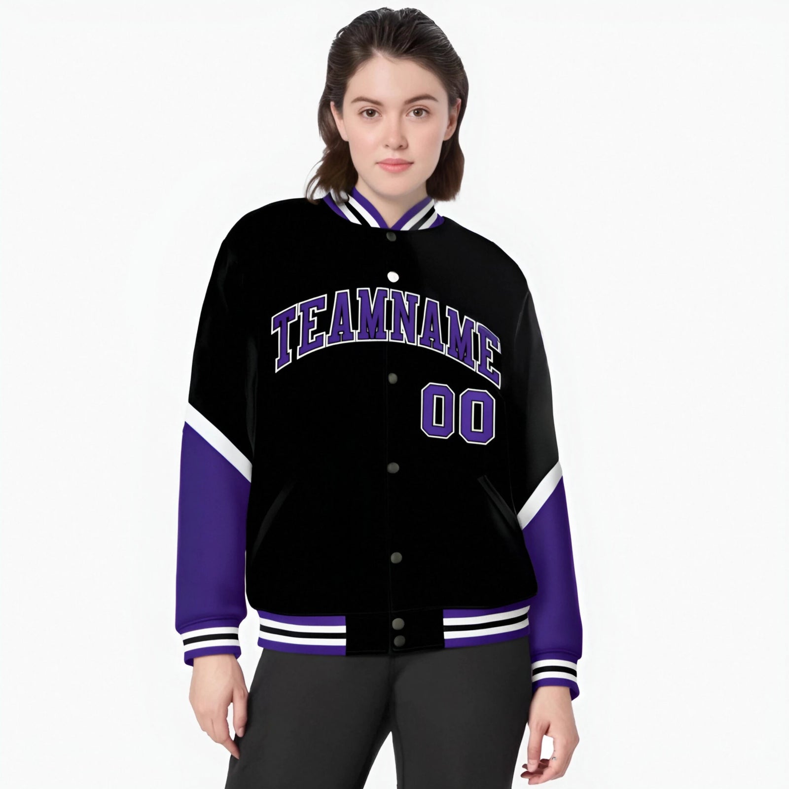 Custom Black Purple-White Varsity Full-Snap Color Block Letterman Jacket