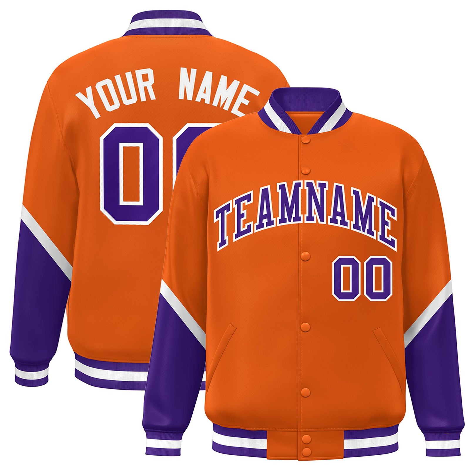 Custom Orange Purple-White Varsity Full-Snap Color Block Letterman Jacket