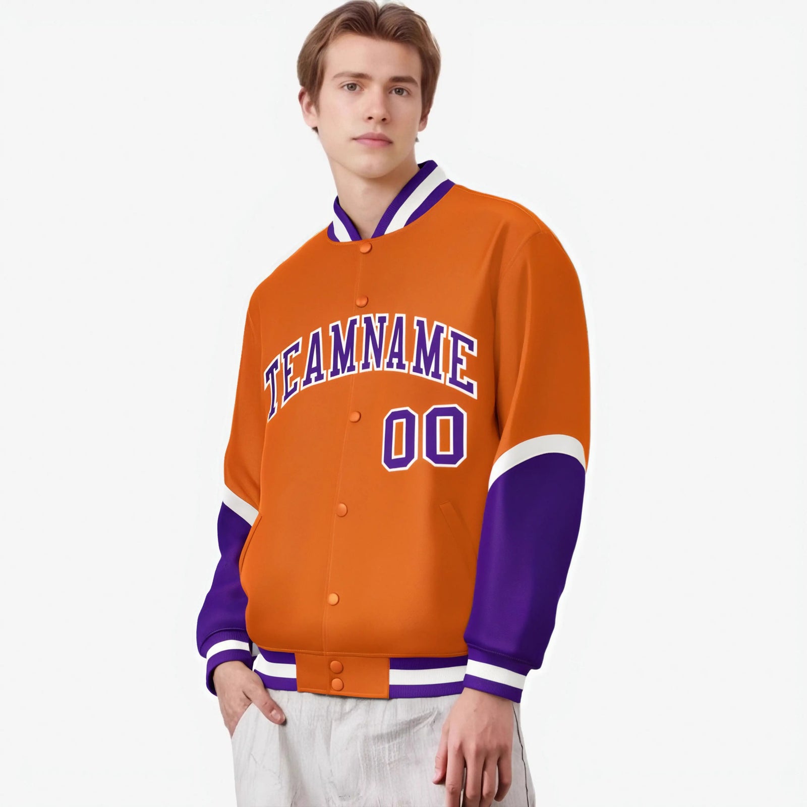 Custom Orange Purple-White Varsity Full-Snap Color Block Letterman Jacket