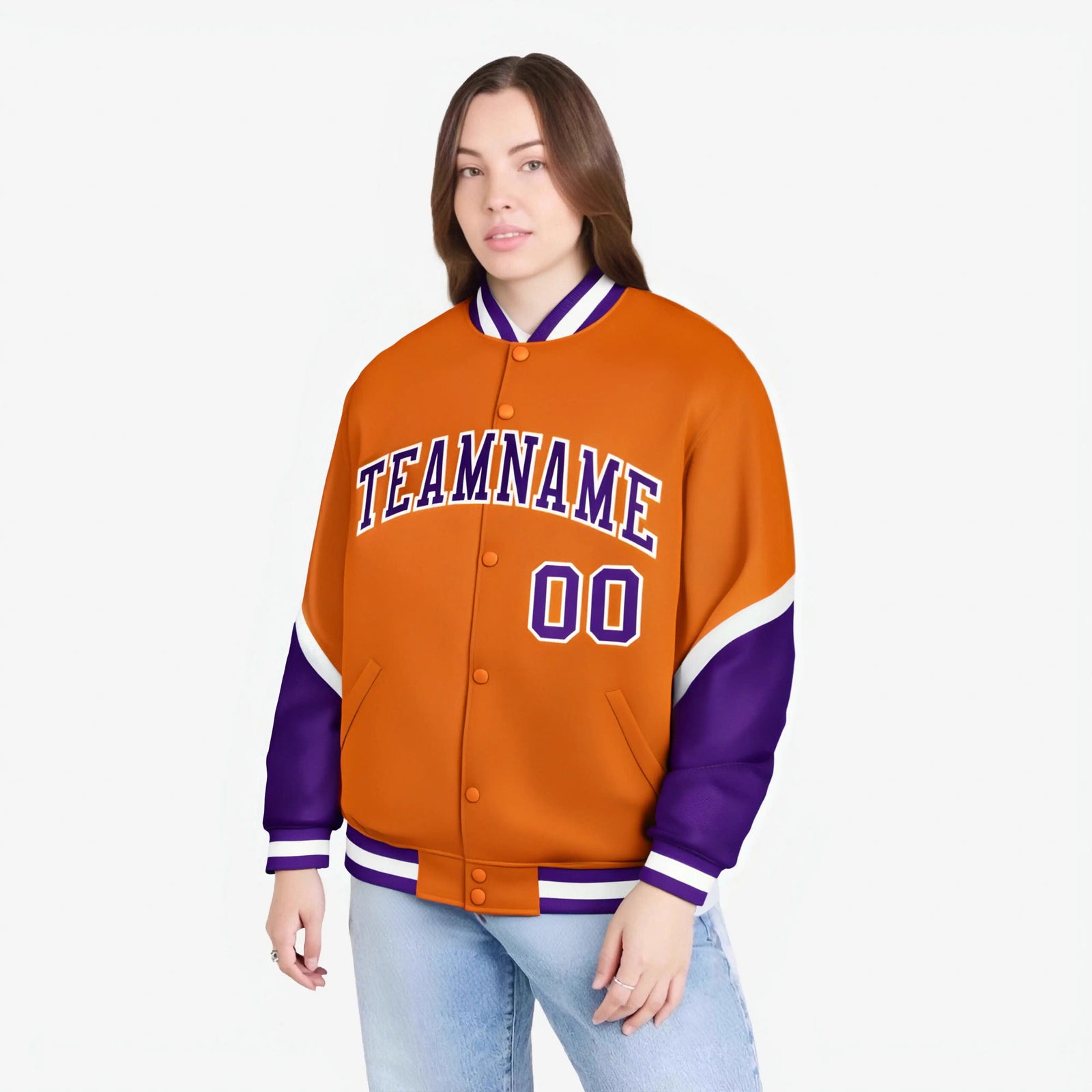 Custom Orange Purple-White Varsity Full-Snap Color Block Letterman Jacket