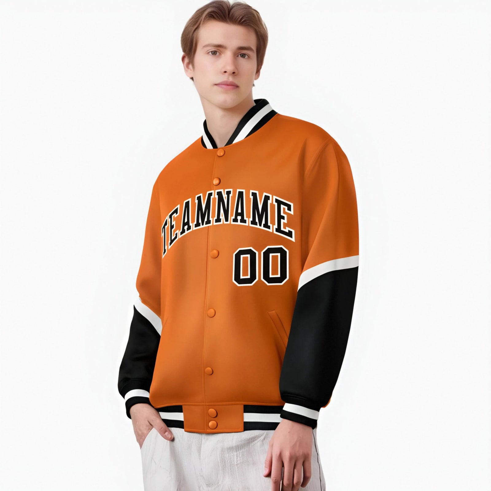 Custom Orange Black-White Varsity Full-Snap Color Block Letterman Jacket