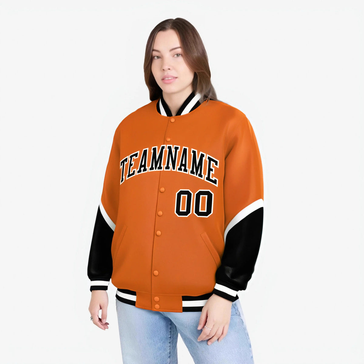 Custom Orange Black-White Varsity Full-Snap Color Block Letterman Jacket