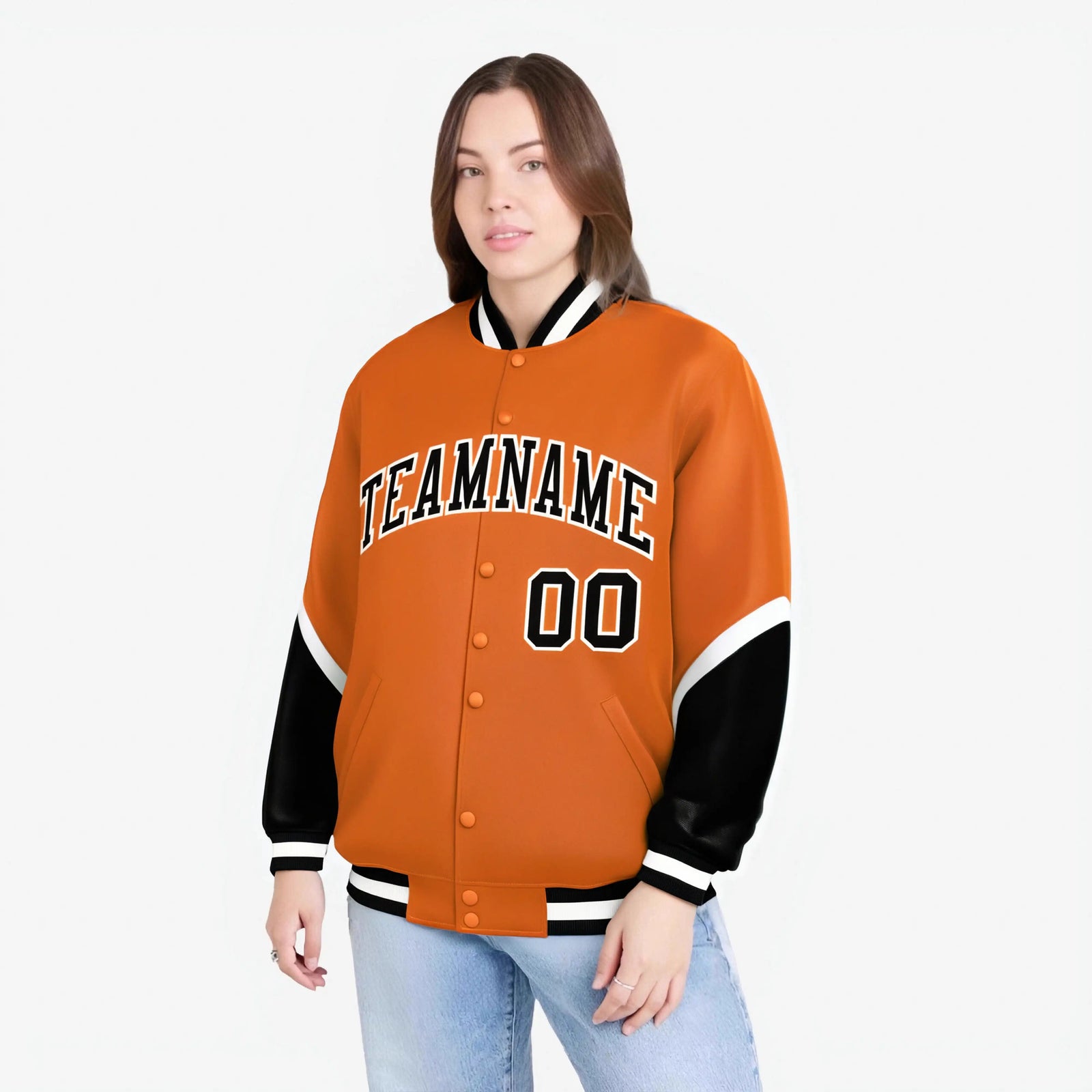 Custom Orange Black-White Varsity Full-Snap Color Block Letterman Jacket