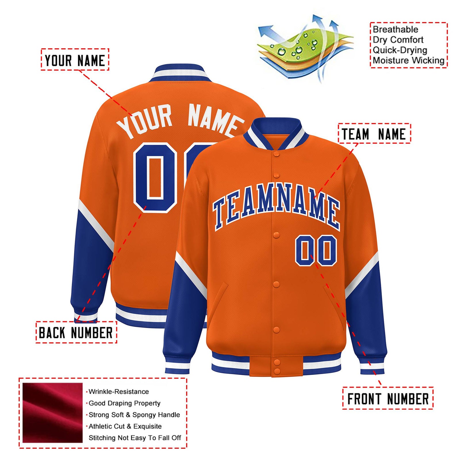 Custom Orange Royal Blue-White Varsity Full-Snap Color Block Letterman Jacket