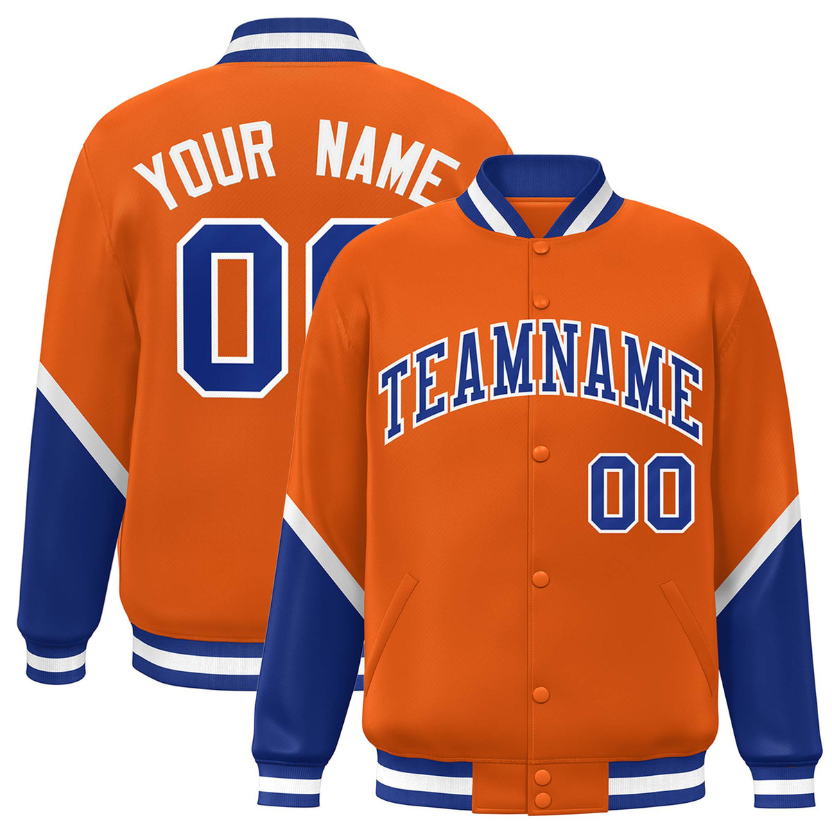Custom Orange Royal Blue-White Varsity Full-Snap Color Block Letterman Jacket
