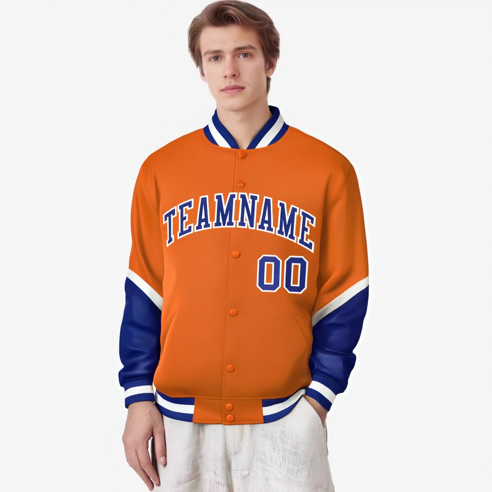 Custom Orange Royal Blue-White Varsity Full-Snap Color Block Letterman Jacket