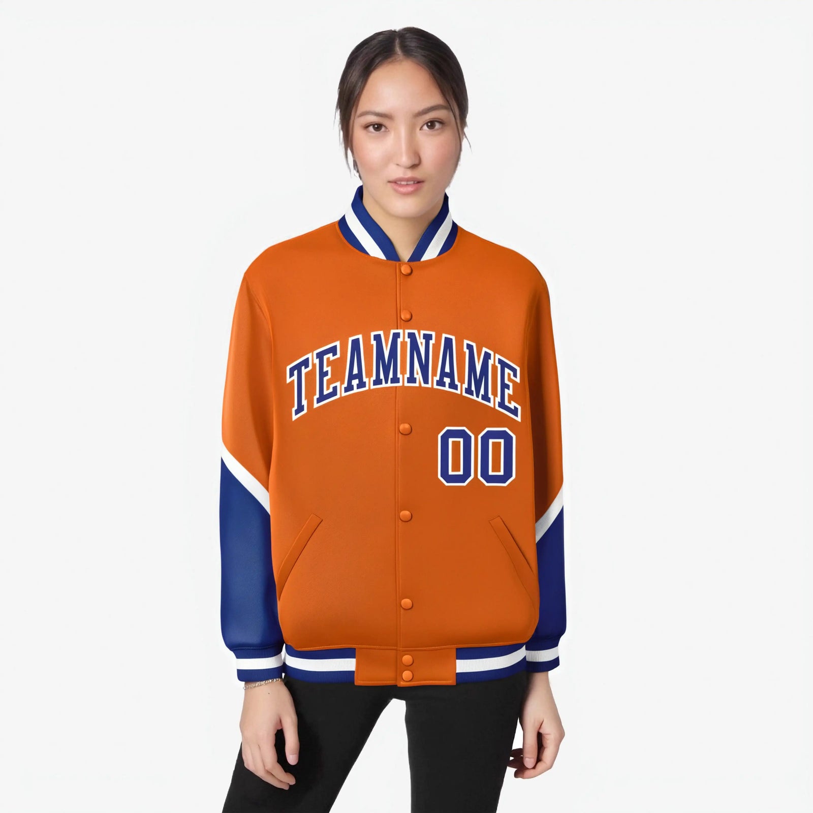 Custom Orange Royal Blue-White Varsity Full-Snap Color Block Letterman Jacket