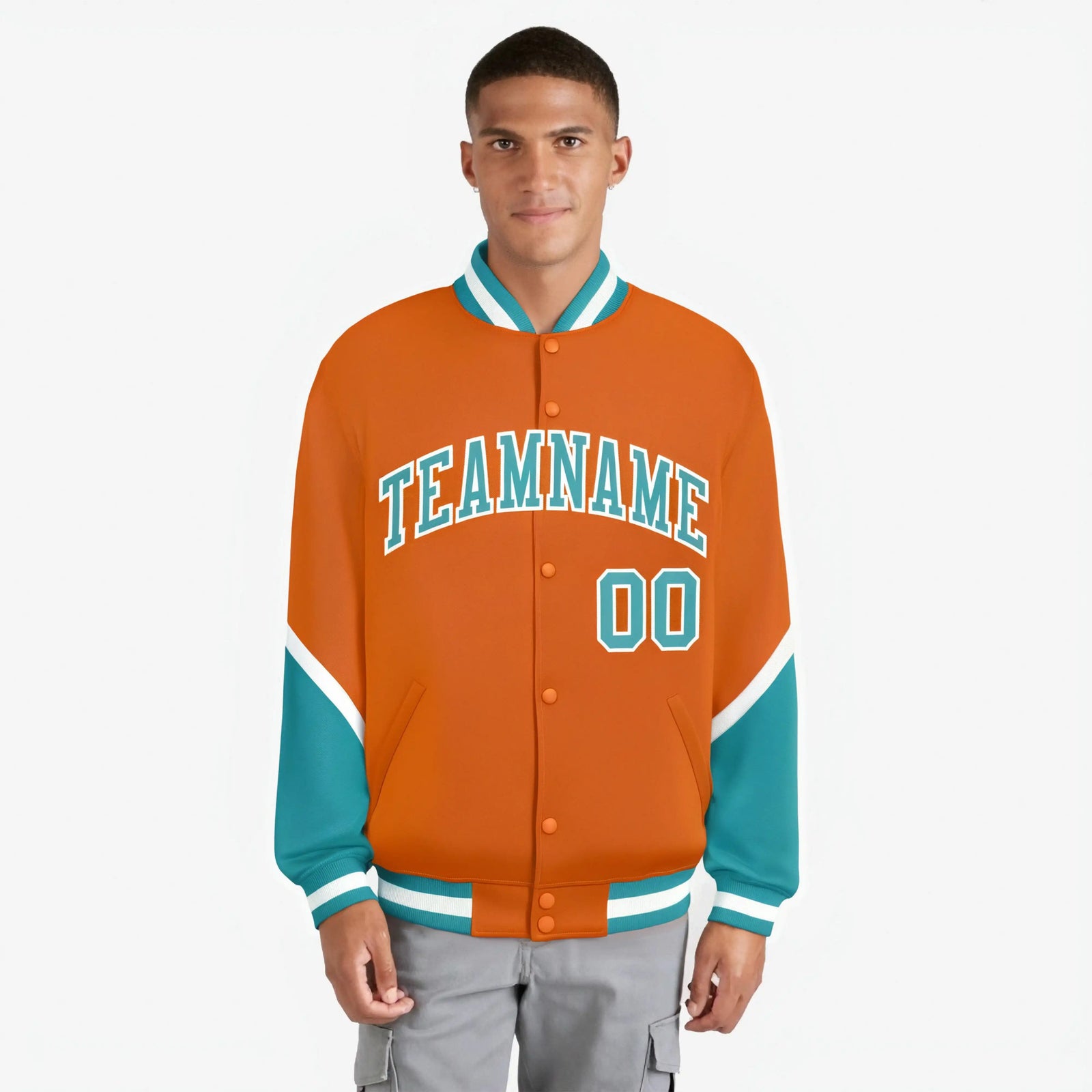 Custom Orange Aqua-White Varsity Full-Snap Color Block Letterman Jacket