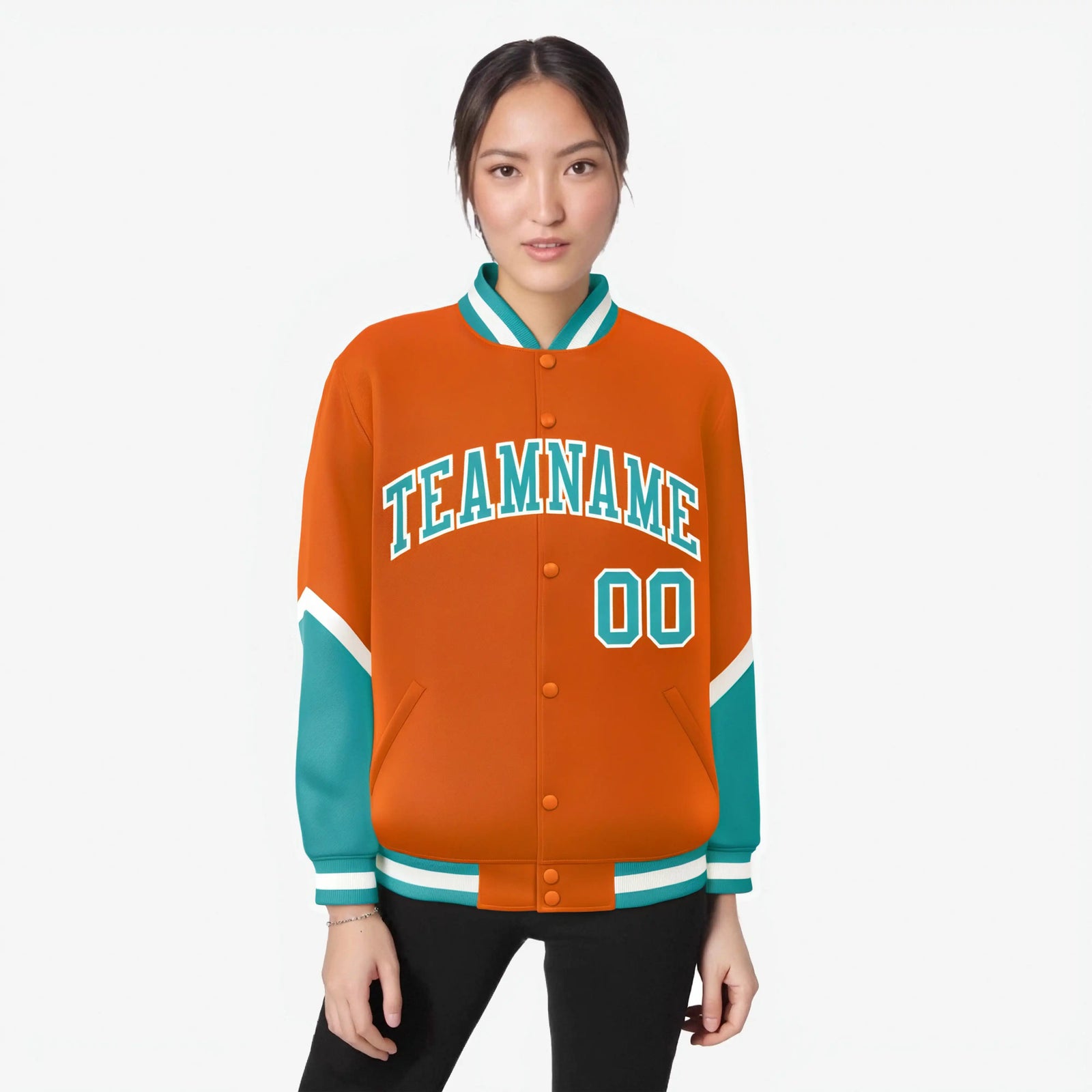 Custom Orange Aqua-White Varsity Full-Snap Color Block Letterman Jacket