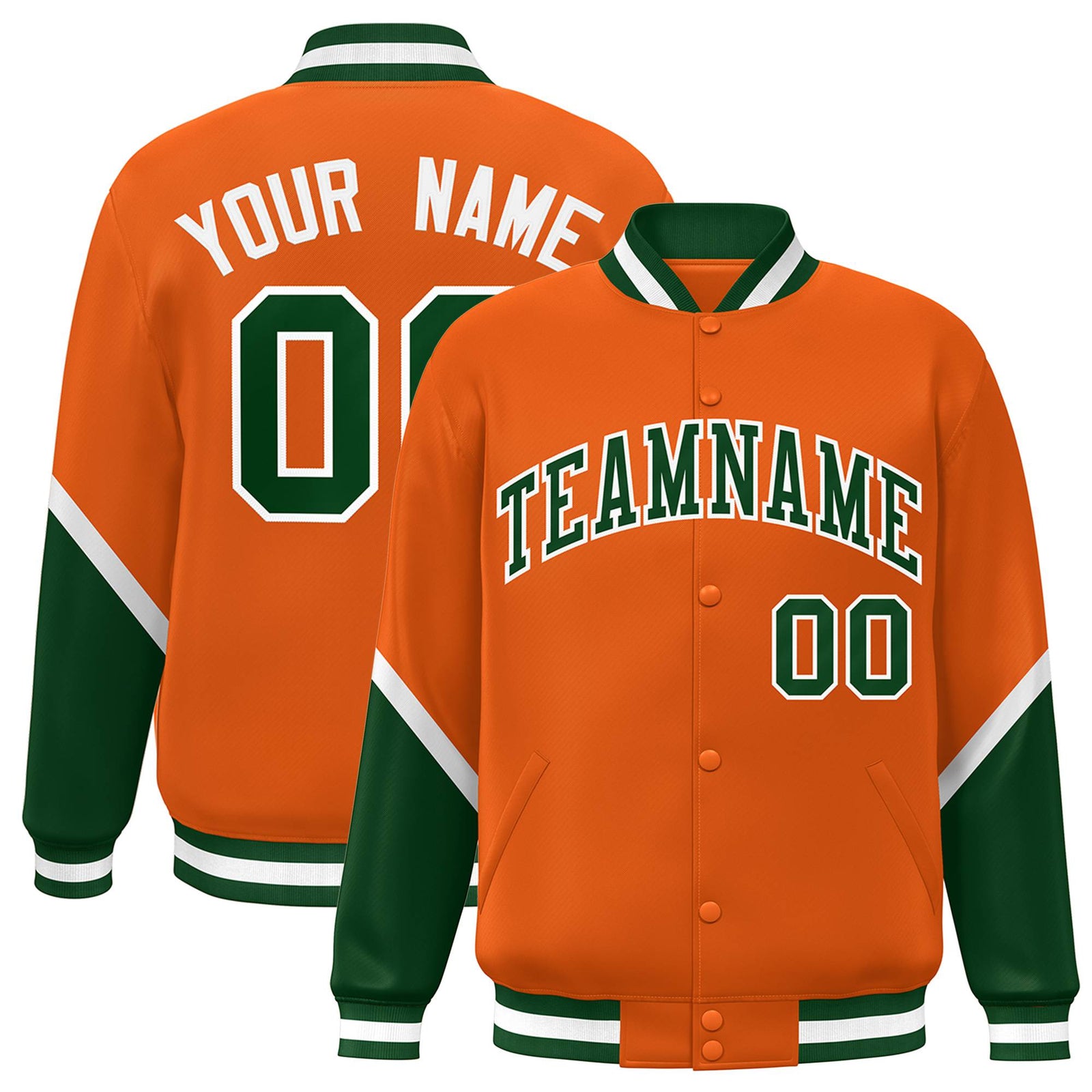 Custom Orange Green-White Varsity Full-Snap Color Block Letterman Jacket