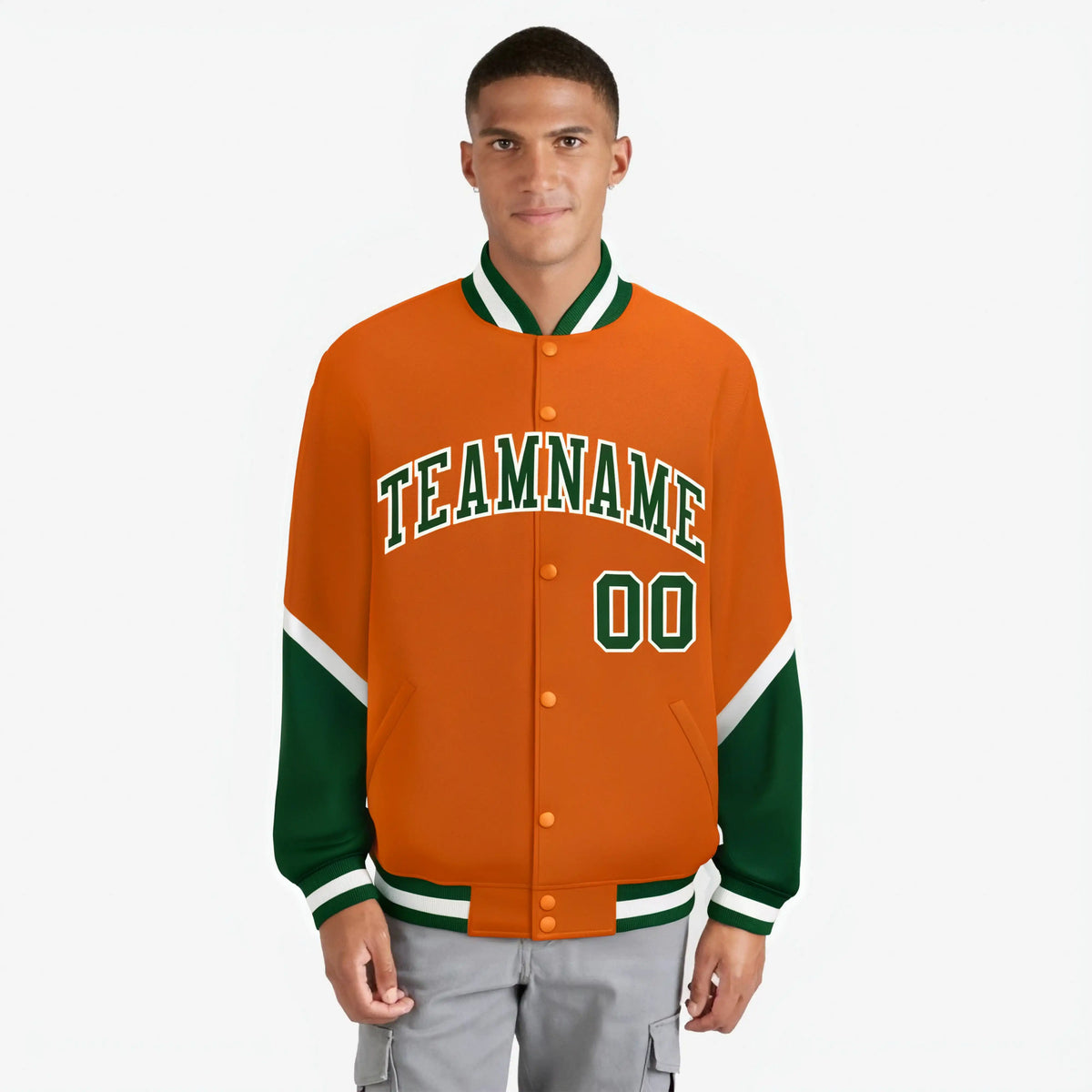 Custom Orange Green-White Varsity Full-Snap Color Block Letterman Jacket