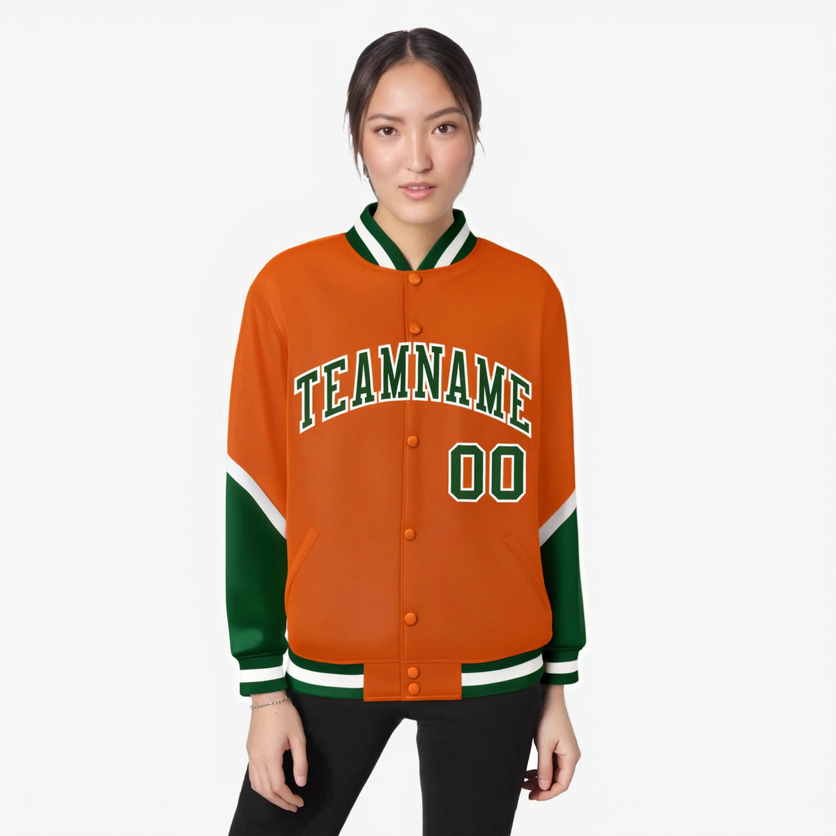 Custom Orange Green-White Varsity Full-Snap Color Block Letterman Jacket