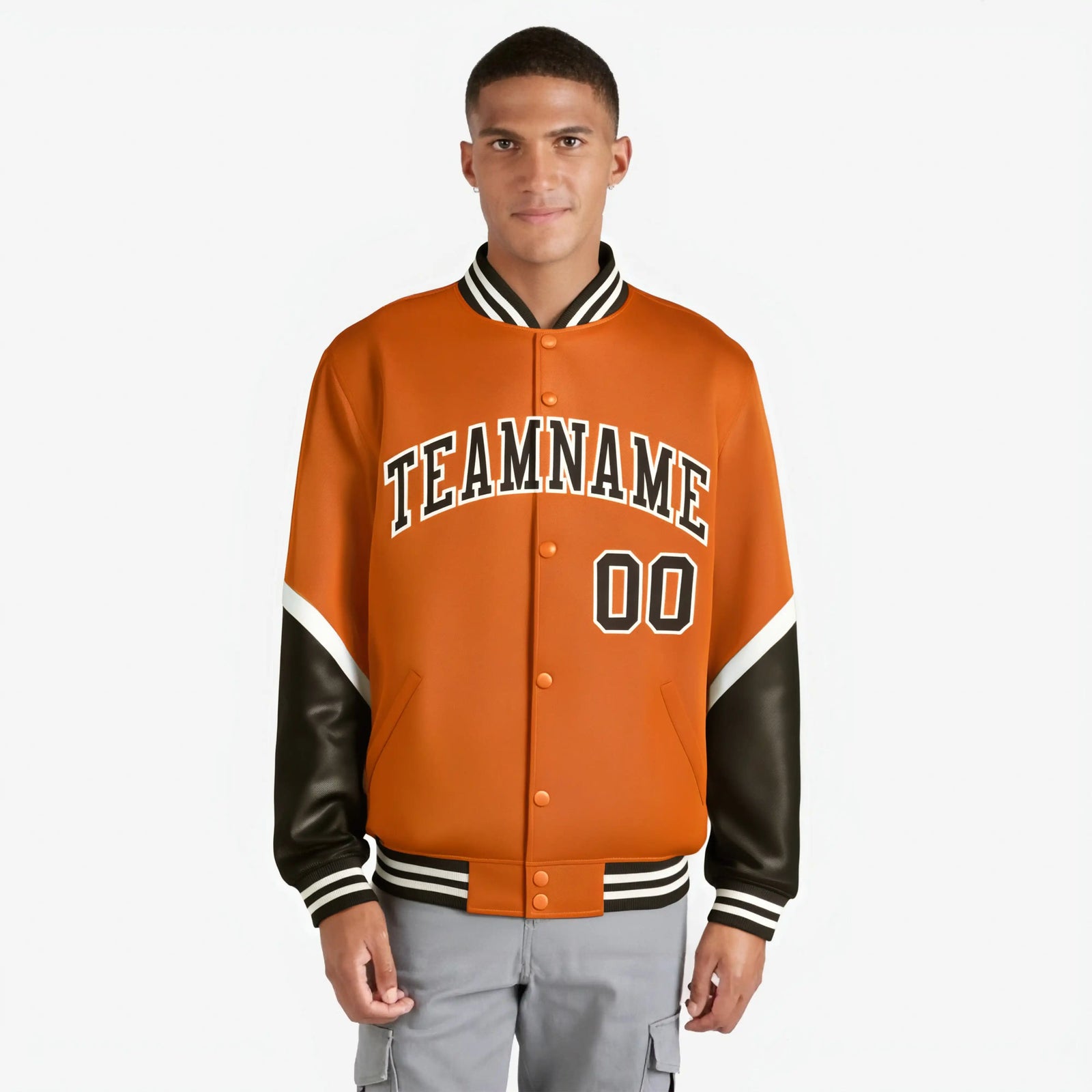 Custom Orange Brown-White Varsity Full-Snap Color Block Letterman Jacket