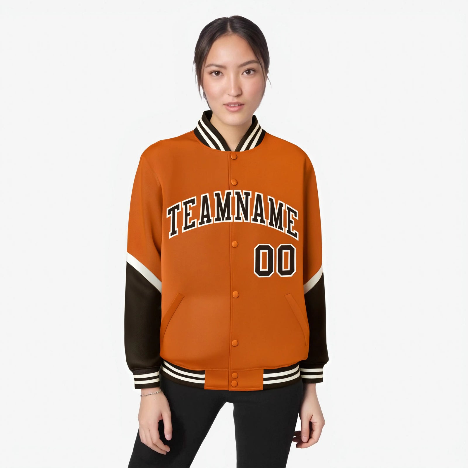 Custom Orange Brown-White Varsity Full-Snap Color Block Letterman Jacket