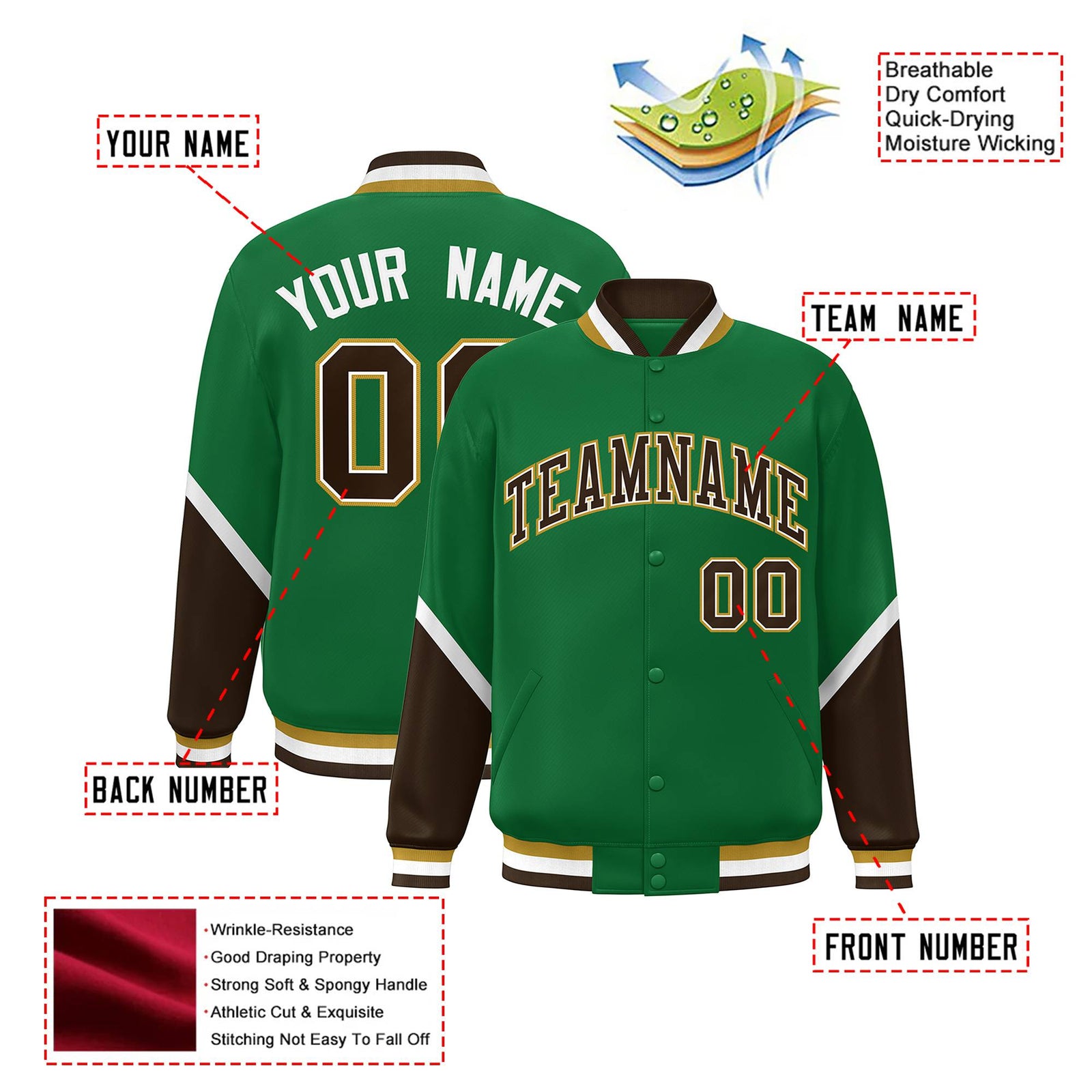 Custom Kelly Green Brown-White Varsity Full-Snap Color Block Letterman Jacket