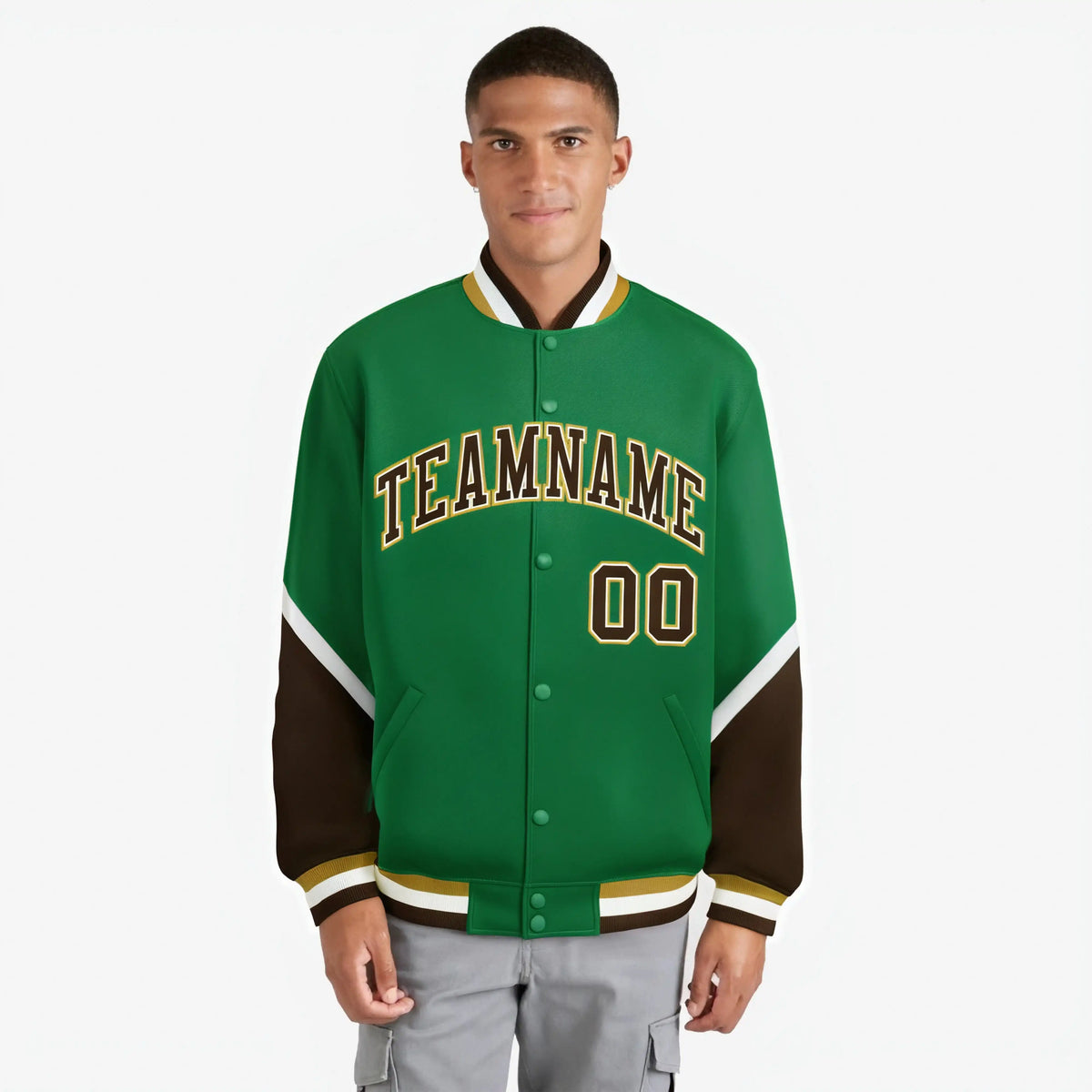 Custom Kelly Green Brown-White Varsity Full-Snap Color Block Letterman Jacket