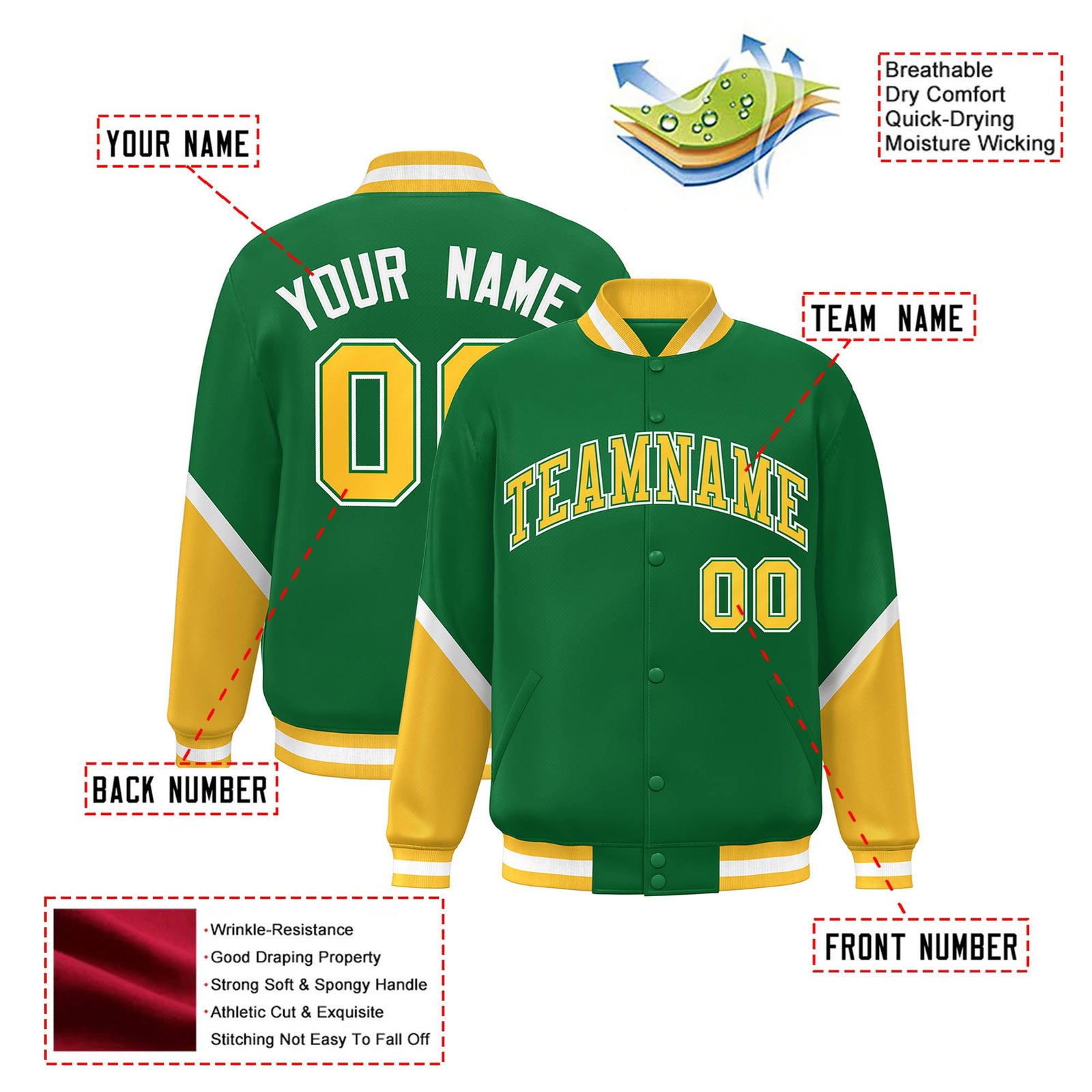 Custom Kelly Green Gold-White Varsity Full-Snap Color Block Letterman Jacket