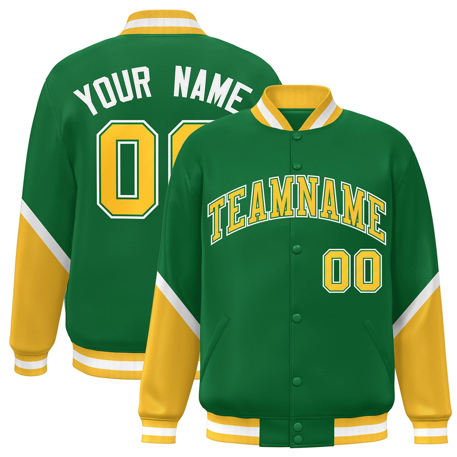 Custom Kelly Green Gold-White Varsity Full-Snap Color Block Letterman Jacket