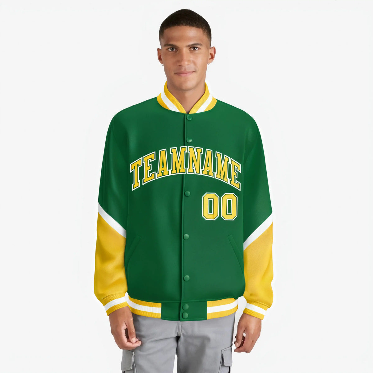 Custom Kelly Green Gold-White Varsity Full-Snap Color Block Letterman Jacket