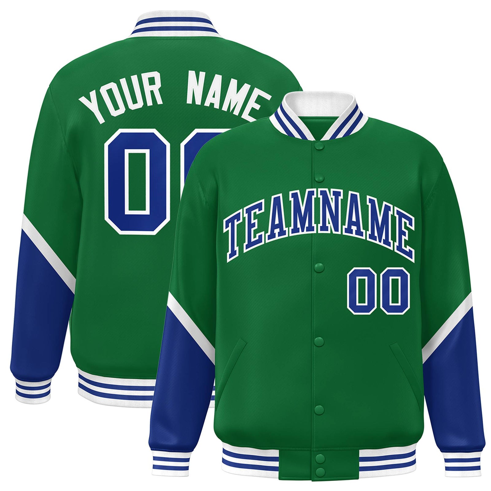 Custom Kelly Green Royal Blue-White Varsity Full-Snap Color Block Letterman Jacket